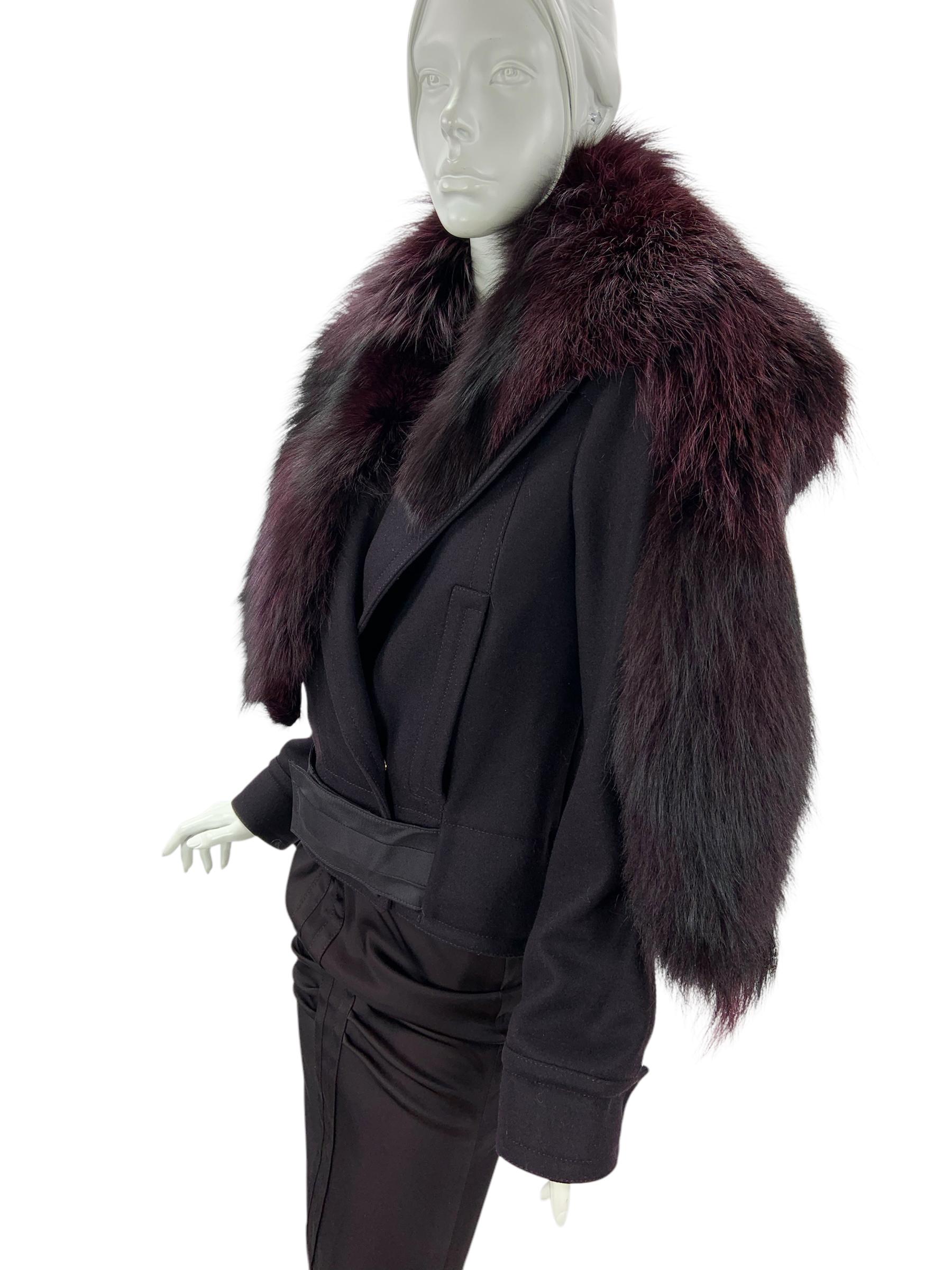 Vintage Tom Ford for Gucci Removable Fox Collar Jacket
FW 2004 Runway Collection
Italian size 42 - US 6
90% Wool ( thick wool ), 10% Cashmere. Real Fox. 
Dark Purple Color, Dyed Fox Fur Removable Collar, Two Front Slide Pockets.
Snaps Closure, Gucci