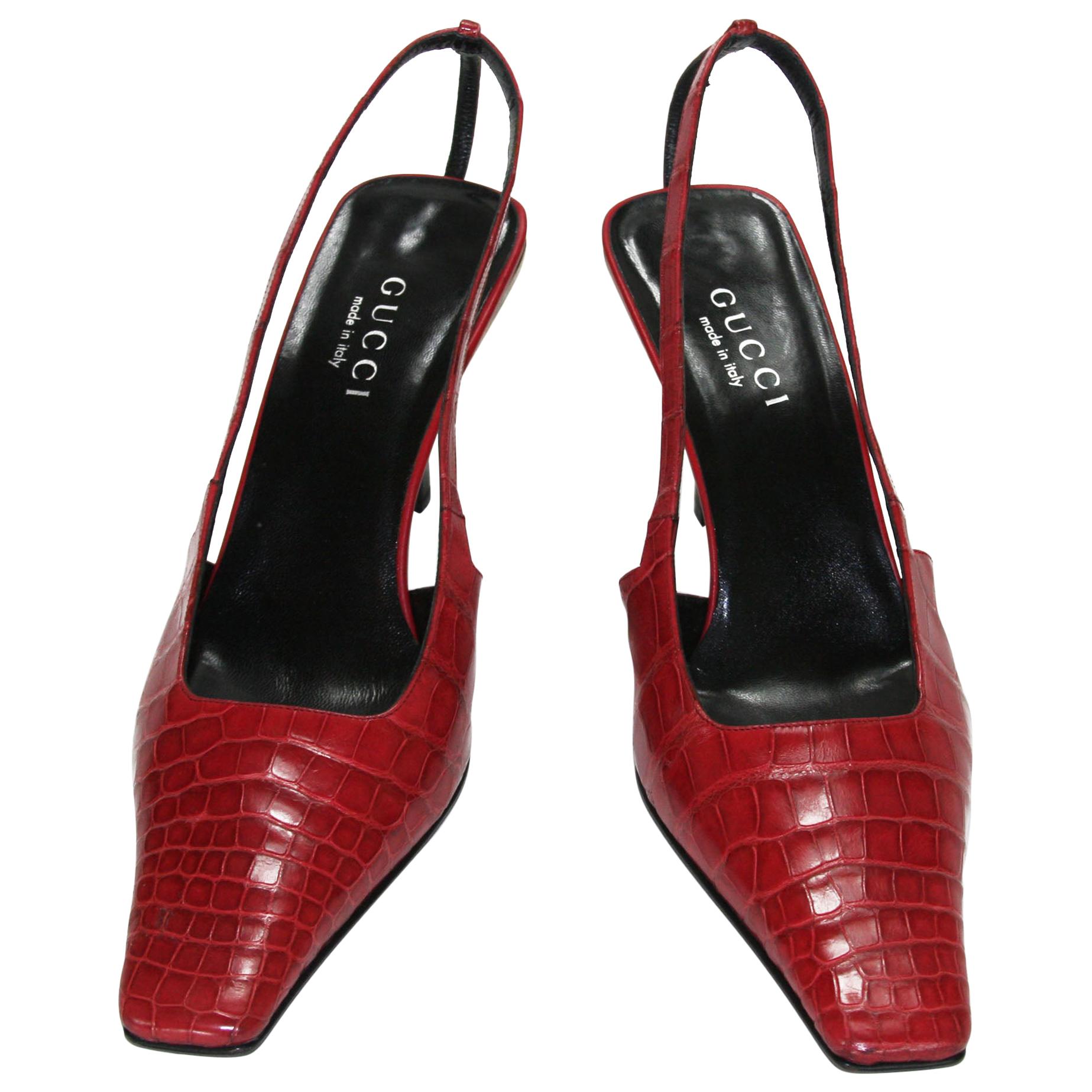 Vintage Tom Ford for Gucci S/S 1998 Red Crocodile Crystal G Sandals Shoes 40 C For Sale