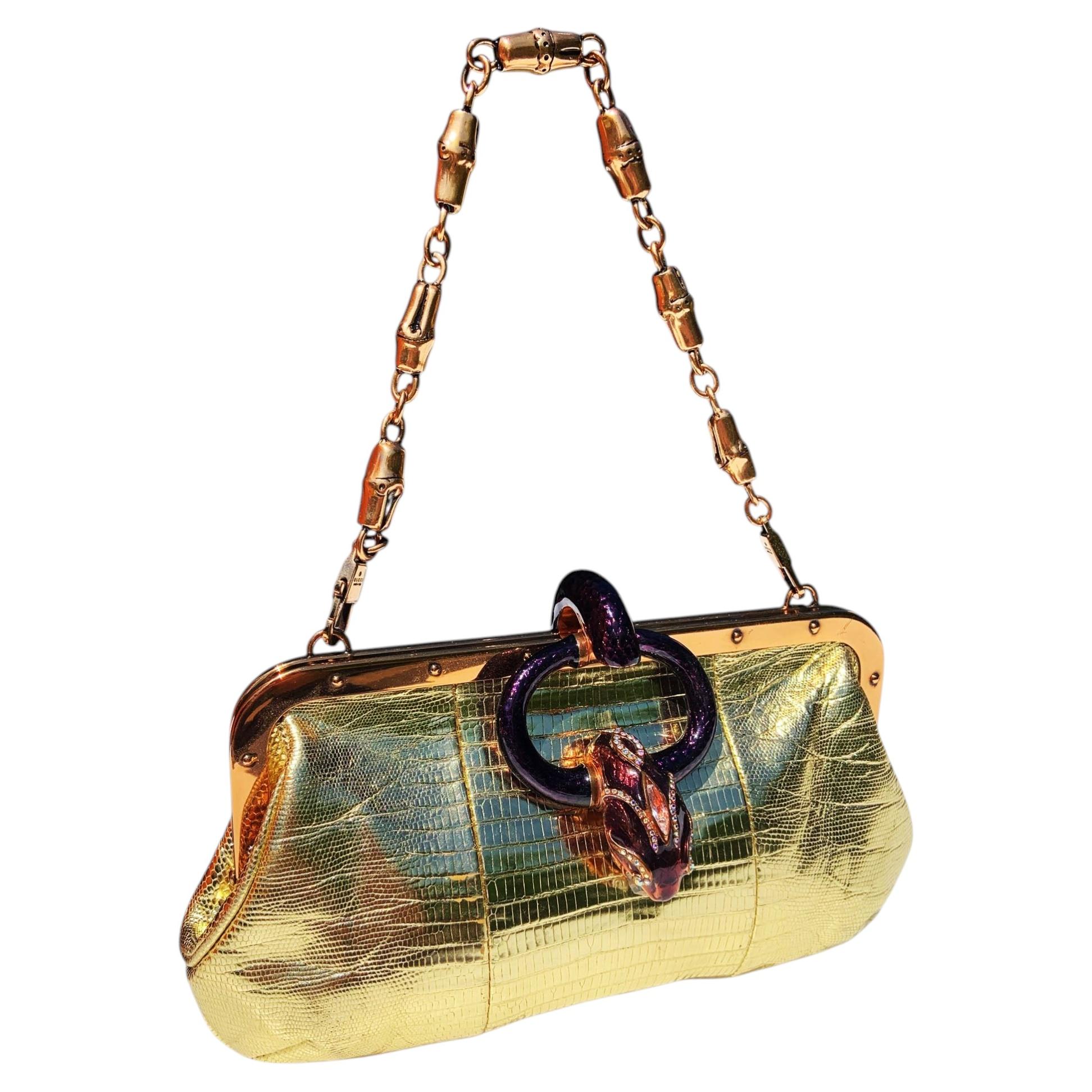 Vintage Tom Ford for Gucci SS 2004 Metallic Gold Lizard Bag mit Jewell Serpent