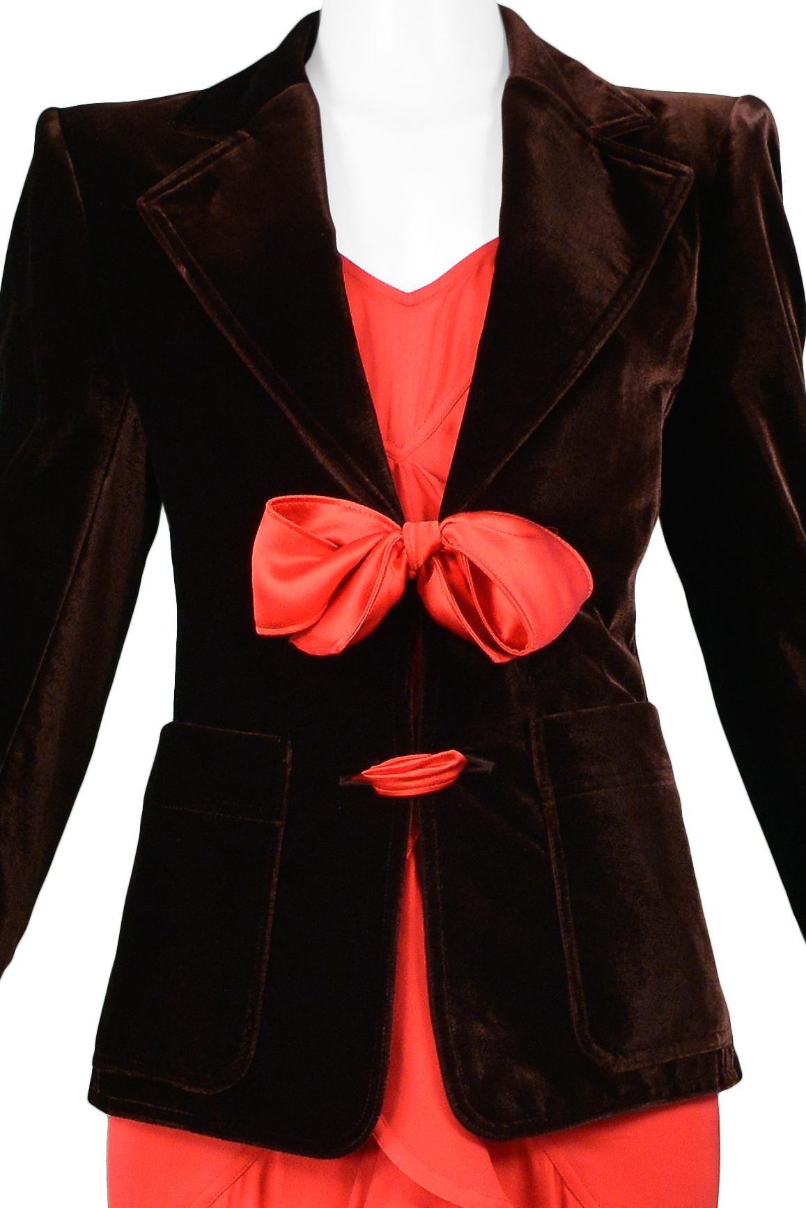 Black Vintage Tom Ford For YSL Brown Velvet Blazer & Red Ruffle Dress Ensemble 2003