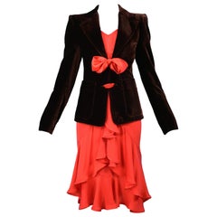 Vintage Tom Ford For YSL Brown Velvet Blazer & Red Ruffle Dress Ensemble 2003