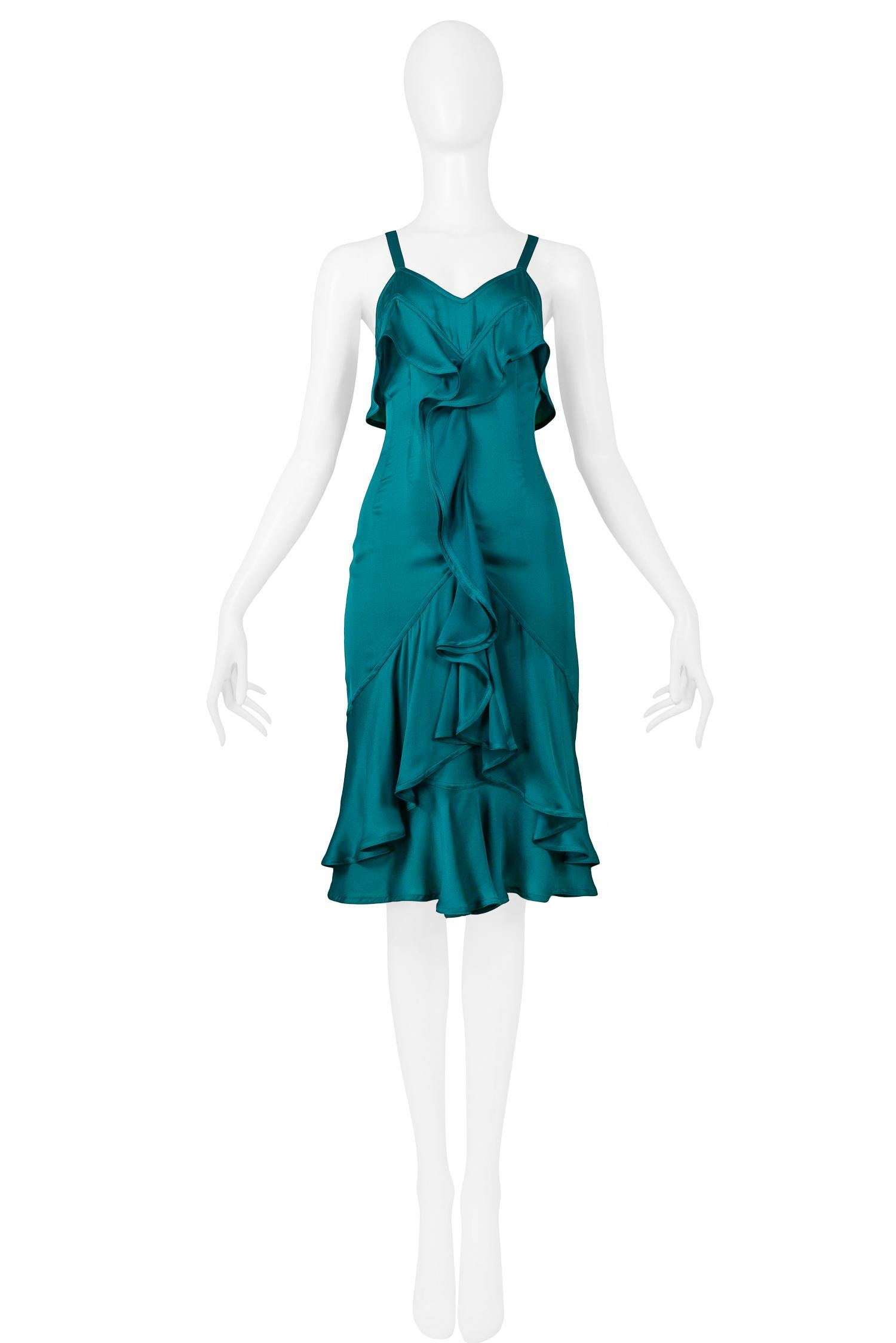We are excited to offer a vintage Tom Ford for Yves Saint Laurent green silk jersey sleeveless slip dress featuring ruffle panels at bust, torso, hem, and back, and center back zipper. 

Gucci
Designed by Tom Ford
Size Small
Measured flat not