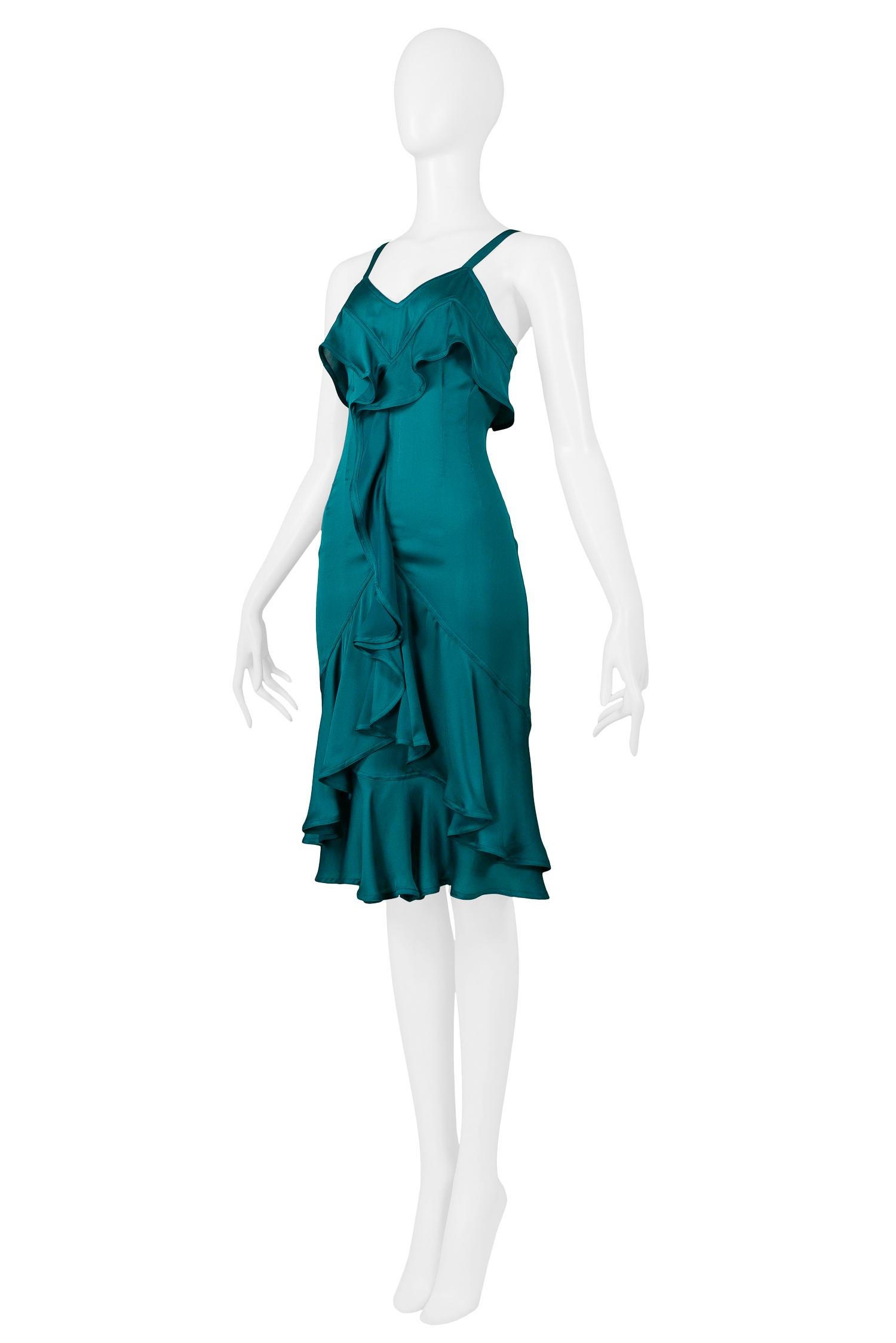 Vintage Tom Ford for Yves Saint Laurent Teal Green Silk Ruffle Dress 2003 In Excellent Condition In Los Angeles, CA
