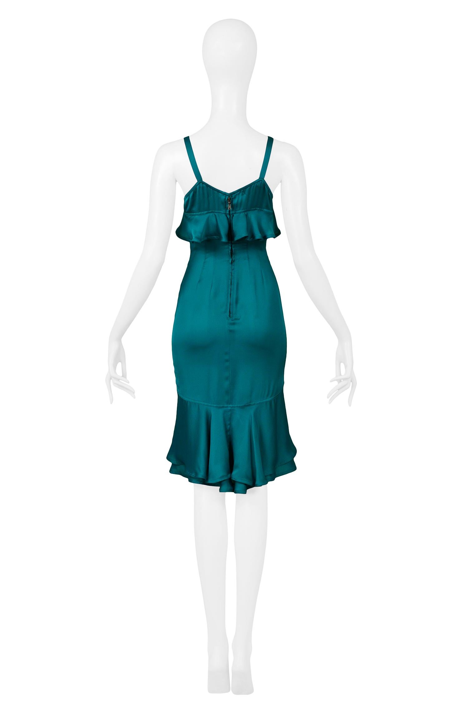 Vintage Tom Ford for Yves Saint Laurent Teal Green Silk Ruffle Dress 2003 1