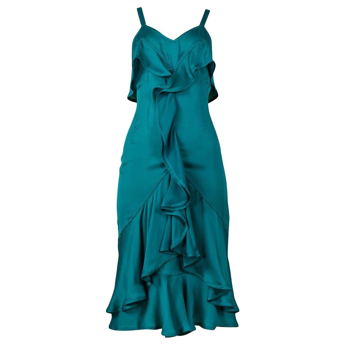Vintage Tom Ford for Yves Saint Laurent Teal Green Silk Ruffle Dress 2003
