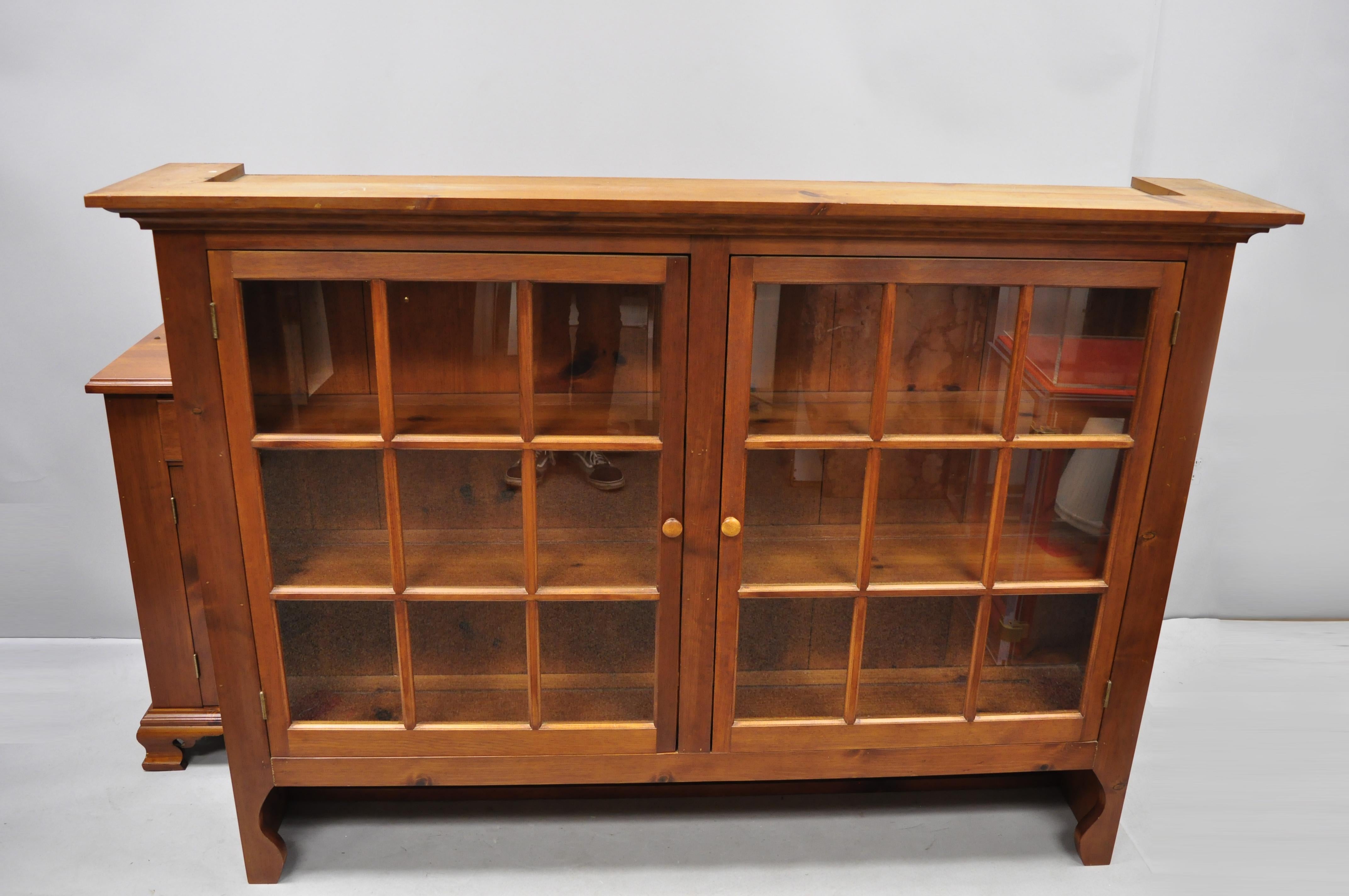 Glass Vintage Tom Seely Pine Wood Step Back Hutch Cupboard China Cabinet