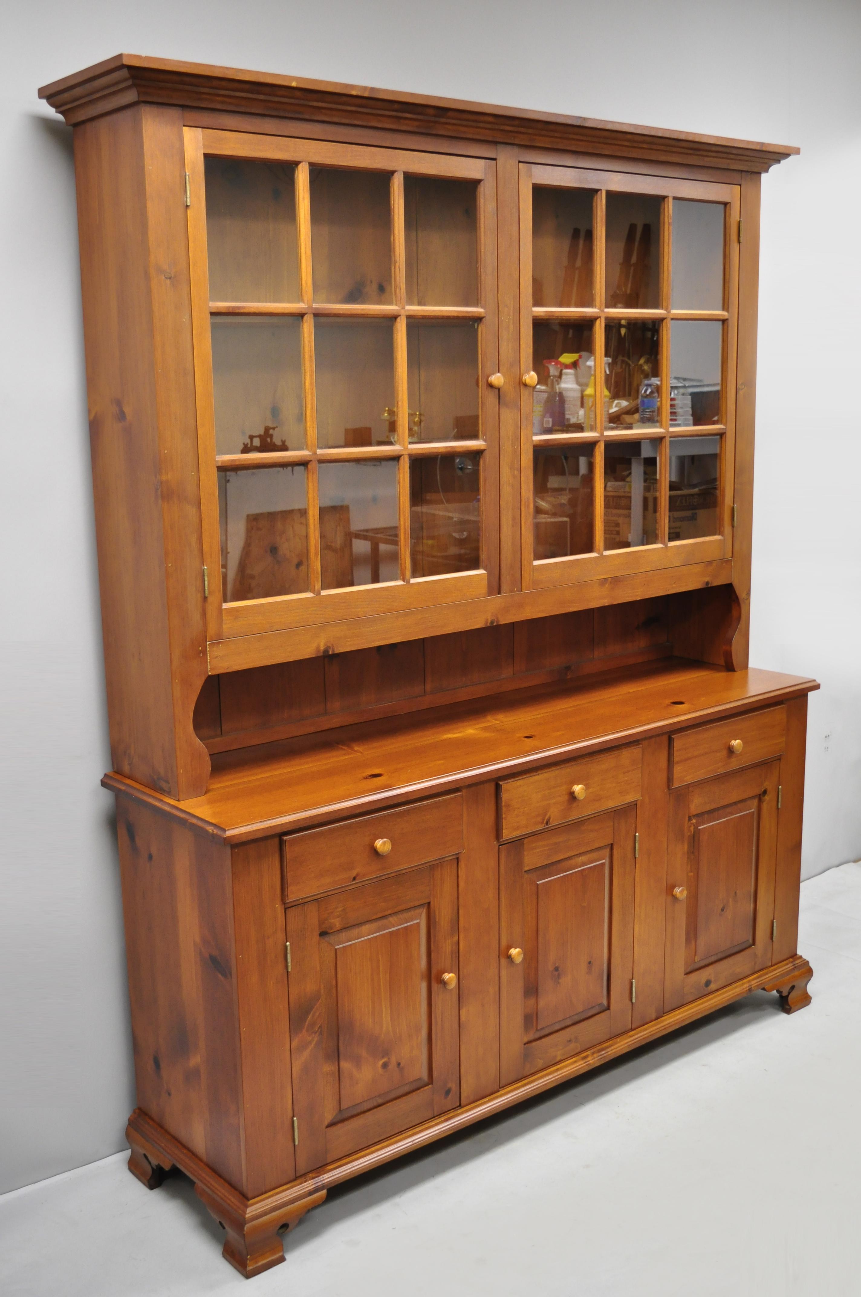 Vintage Tom Seely pine wood step back hutch cupboard china cabinet. Listing features solid wood construction, beautiful wood grain, 2 part construction, original stamp, plate groves, 3 dovetailed drawers, quality American craftsmanship, circa late