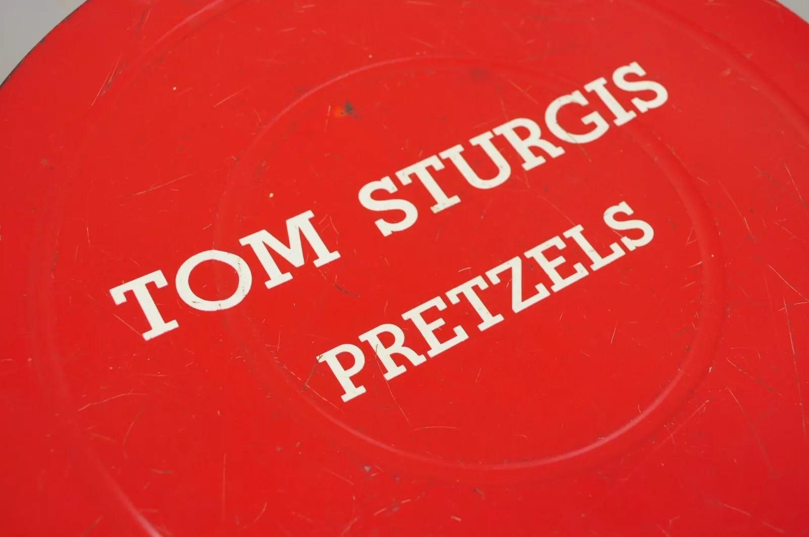 Vintage Tom Sturgis Pretzels Large Tin Metal Red Advertising Can For Sale 5