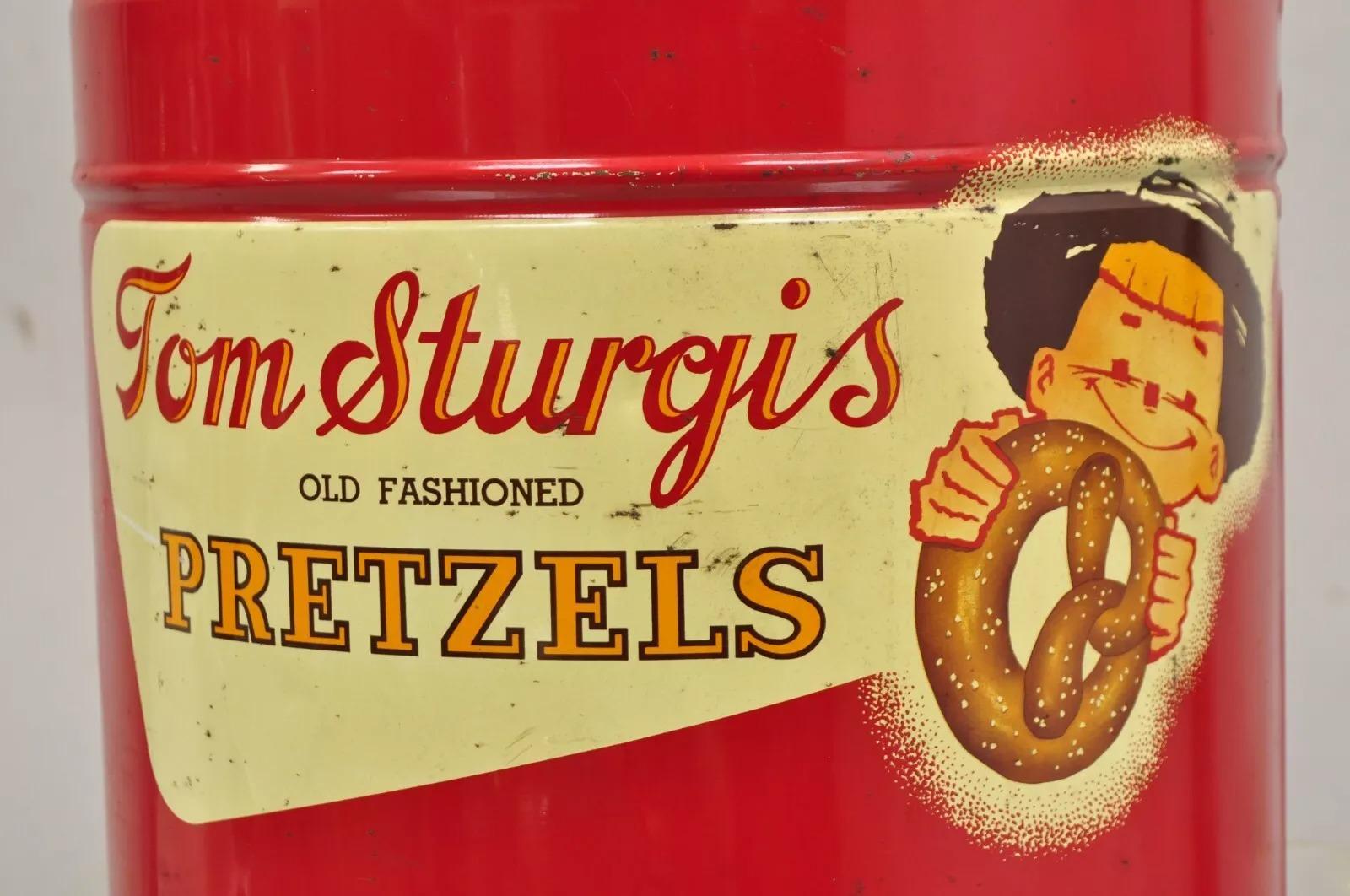 Country Vintage Tom Sturgis Pretzels Large Tin Metal Red Advertising Can For Sale