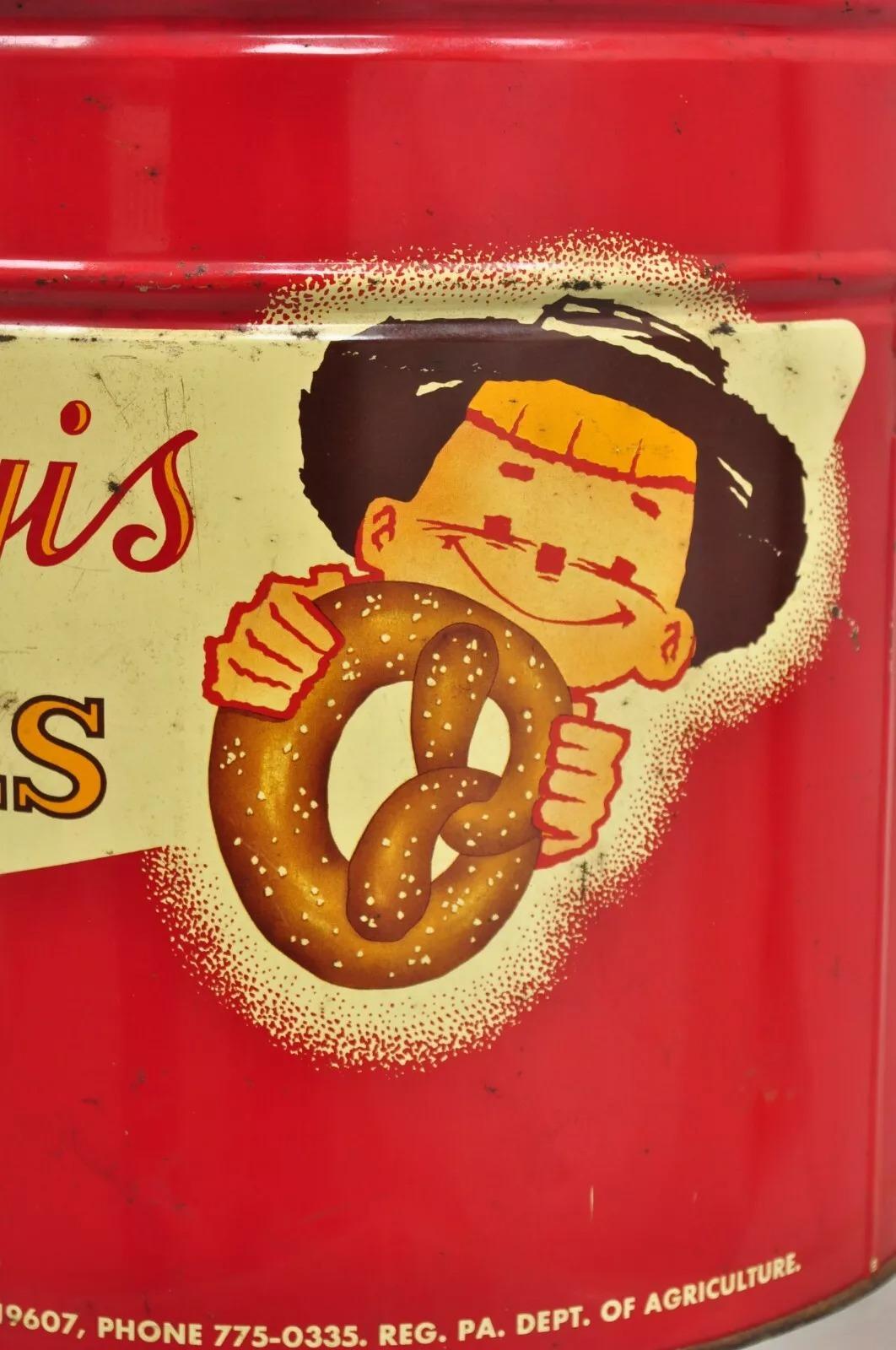 Vintage Tom Sturgis Pretzels Large Tin Metal Red Advertising Can In Good Condition For Sale In Philadelphia, PA