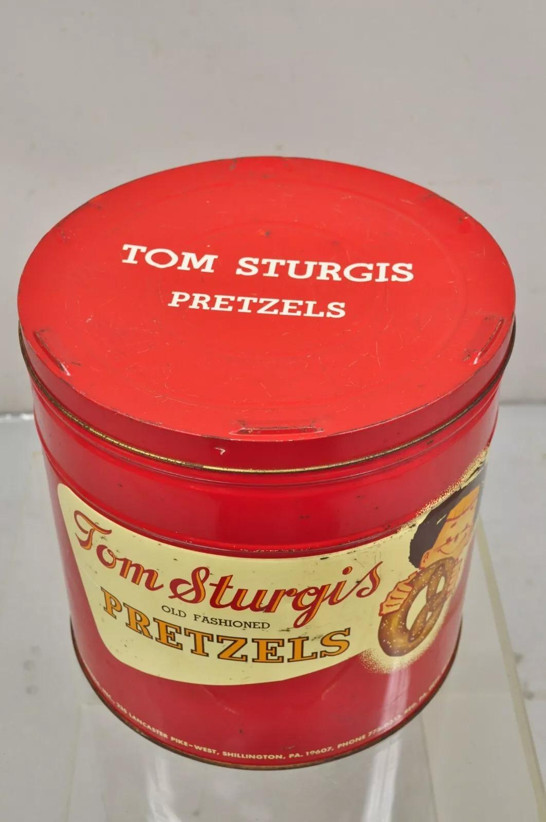 20th Century Vintage Tom Sturgis Pretzels Large Tin Metal Red Advertising Can For Sale
