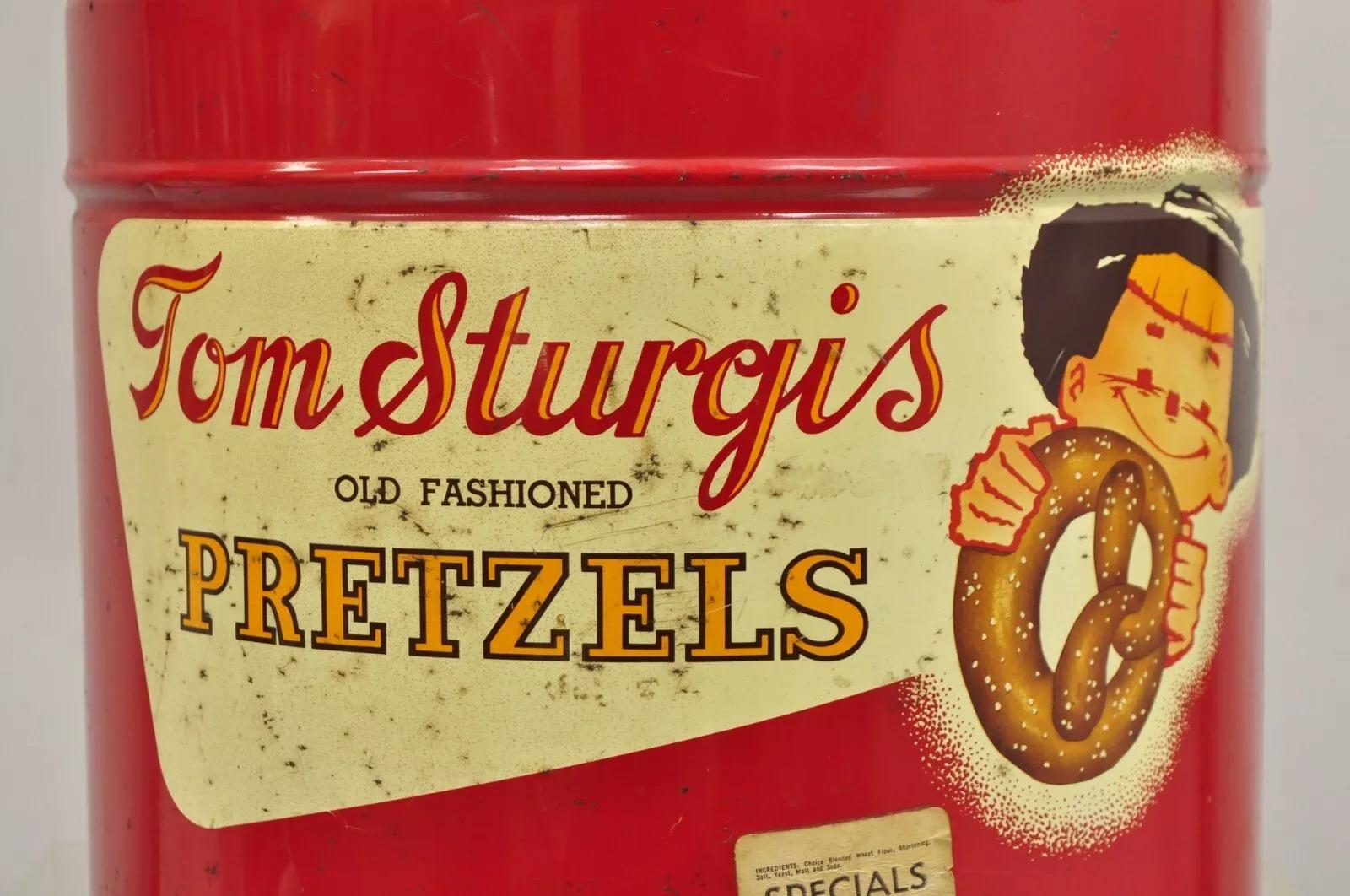 Vintage Tom Sturgis Pretzels Large Tin Metal Red Advertising Can For Sale 3