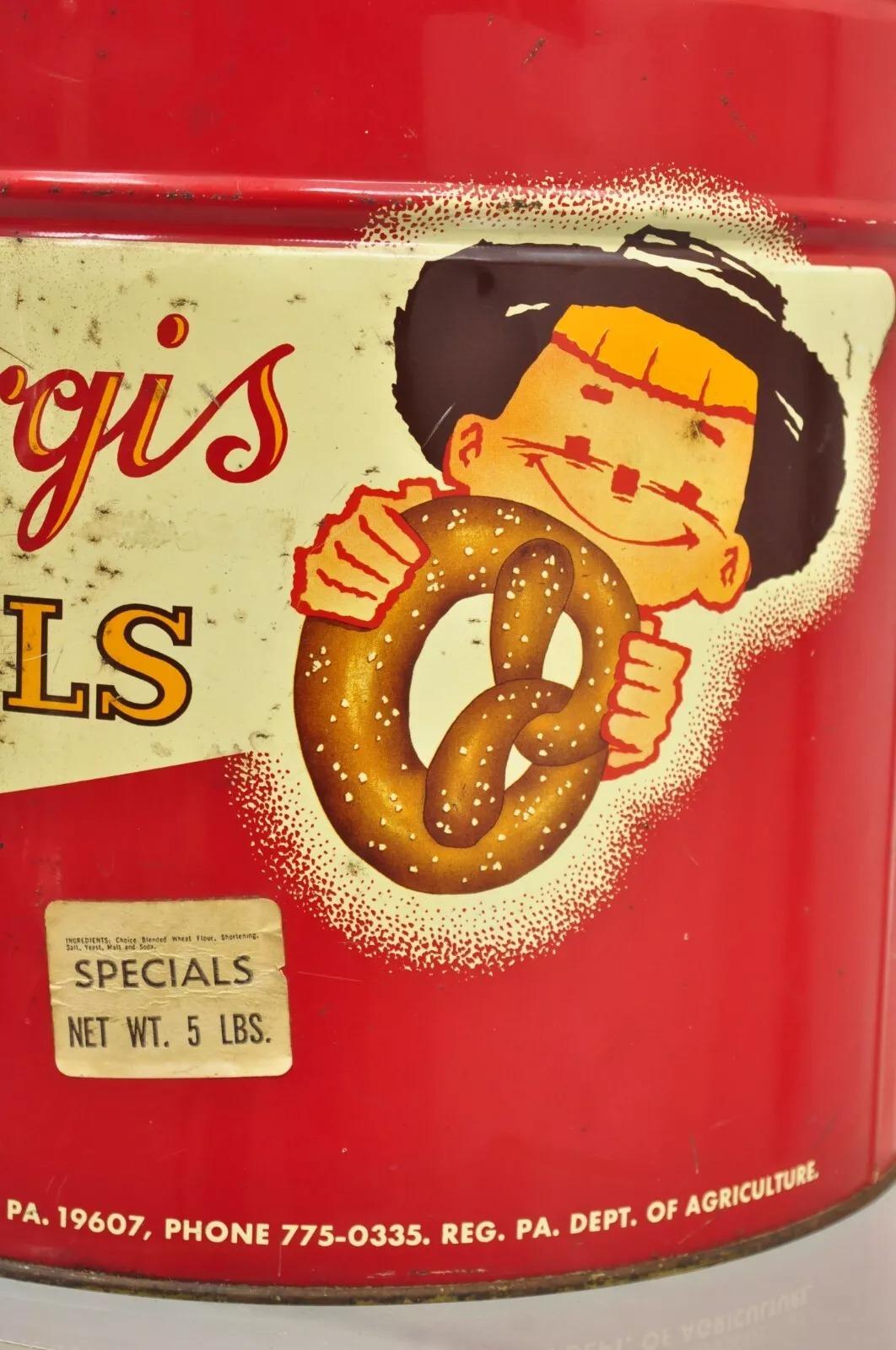 Vintage Tom Sturgis Pretzels Large Tin Metal Red Advertising Can For Sale 4