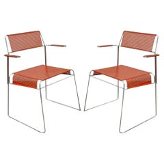 Vintage Tomado Mid Century Modern Red Stacking Chrome Metal Mesh Chairs A - Pair
