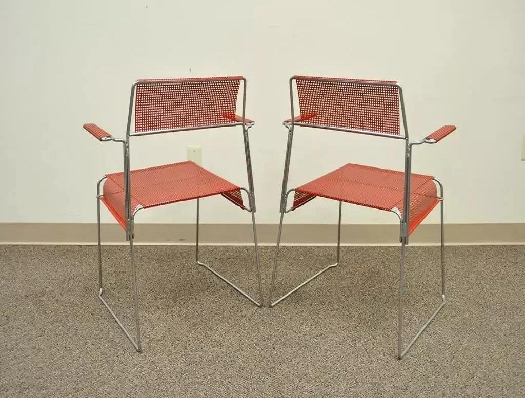 Vintage Tomado Sillas Apilables Modernas De Mitad De Siglo Cromadas De Malla Metálica Roja B - Pareja en venta 3