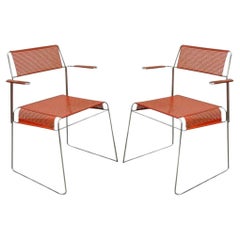 Retro Tomado Mid Century Modern Stacking Chrome Metal Mesh Red Chairs B - Pair