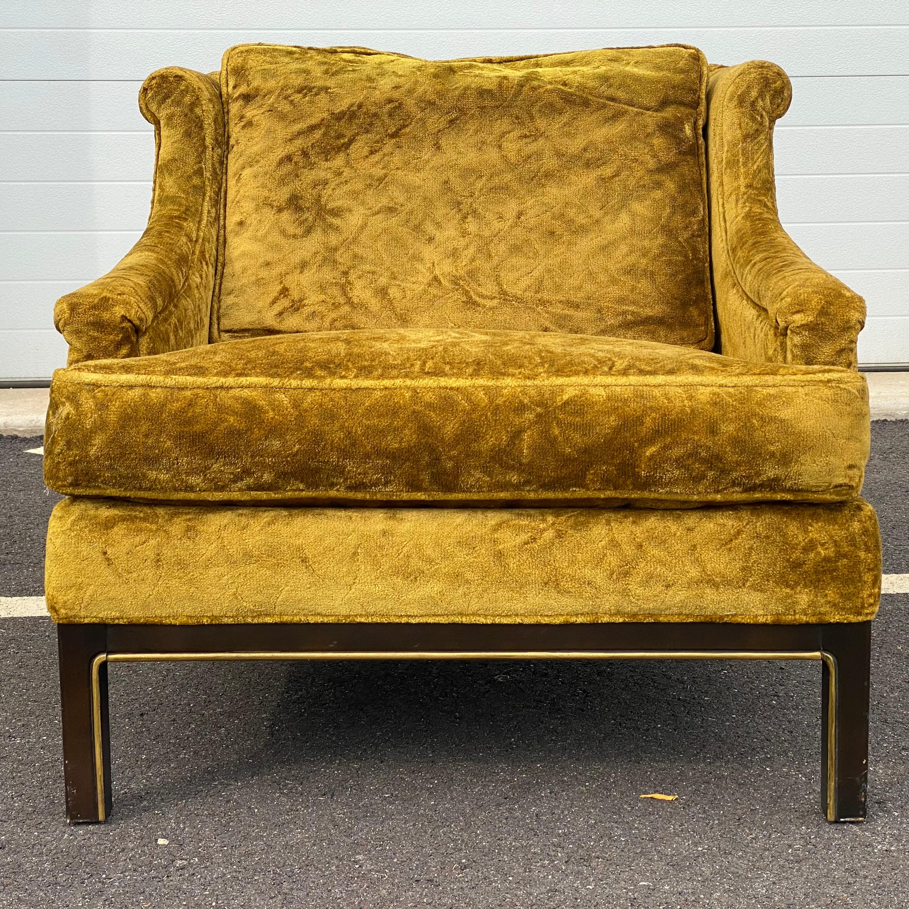 An amazing crushed velvet lounge chair with exposed wood base by Tomlinson Furniture circa 1970. Original upholstery has some light wear and the seat straps are stretched out. The slipcovers as shown in last pictures are also included if you want