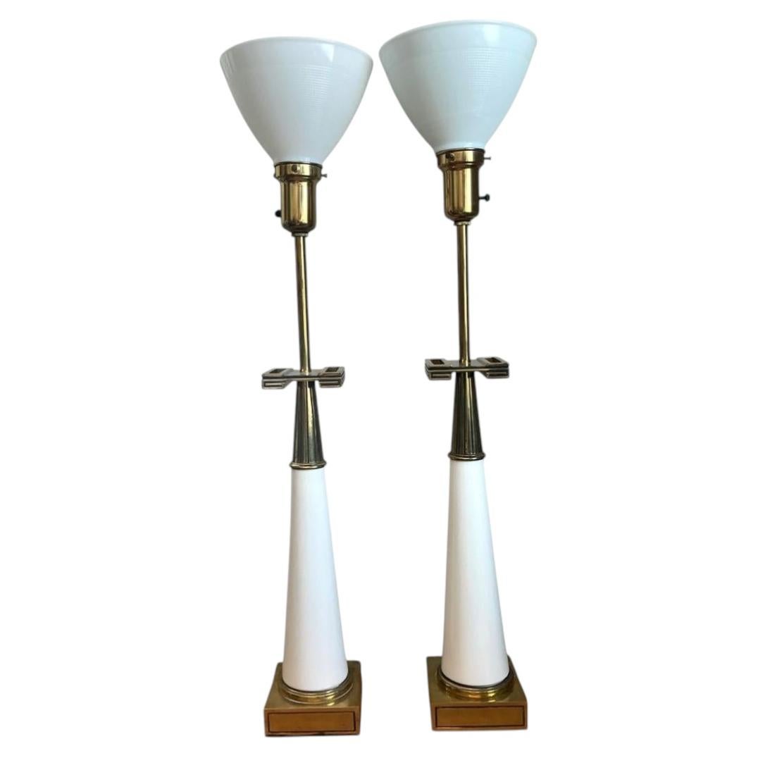 Vintage Tommi Parzinger For Stiffel Greek Key Brass Lamps - A Pair For Sale