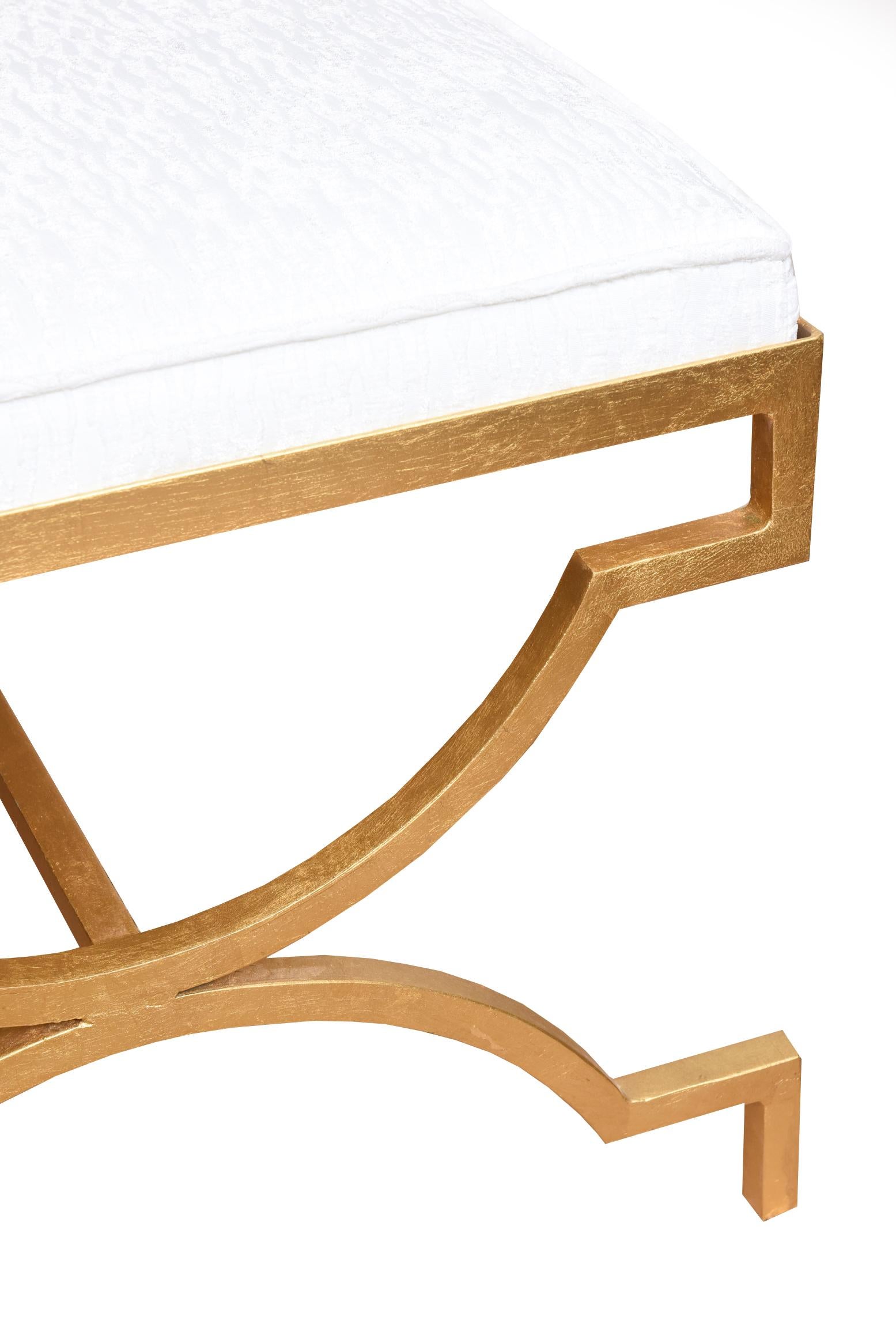 Mid-Century Modern Vintage Tommi Parzinger Gold Leaf Over Iron Upholstered White Velvet Bench MCM For Sale