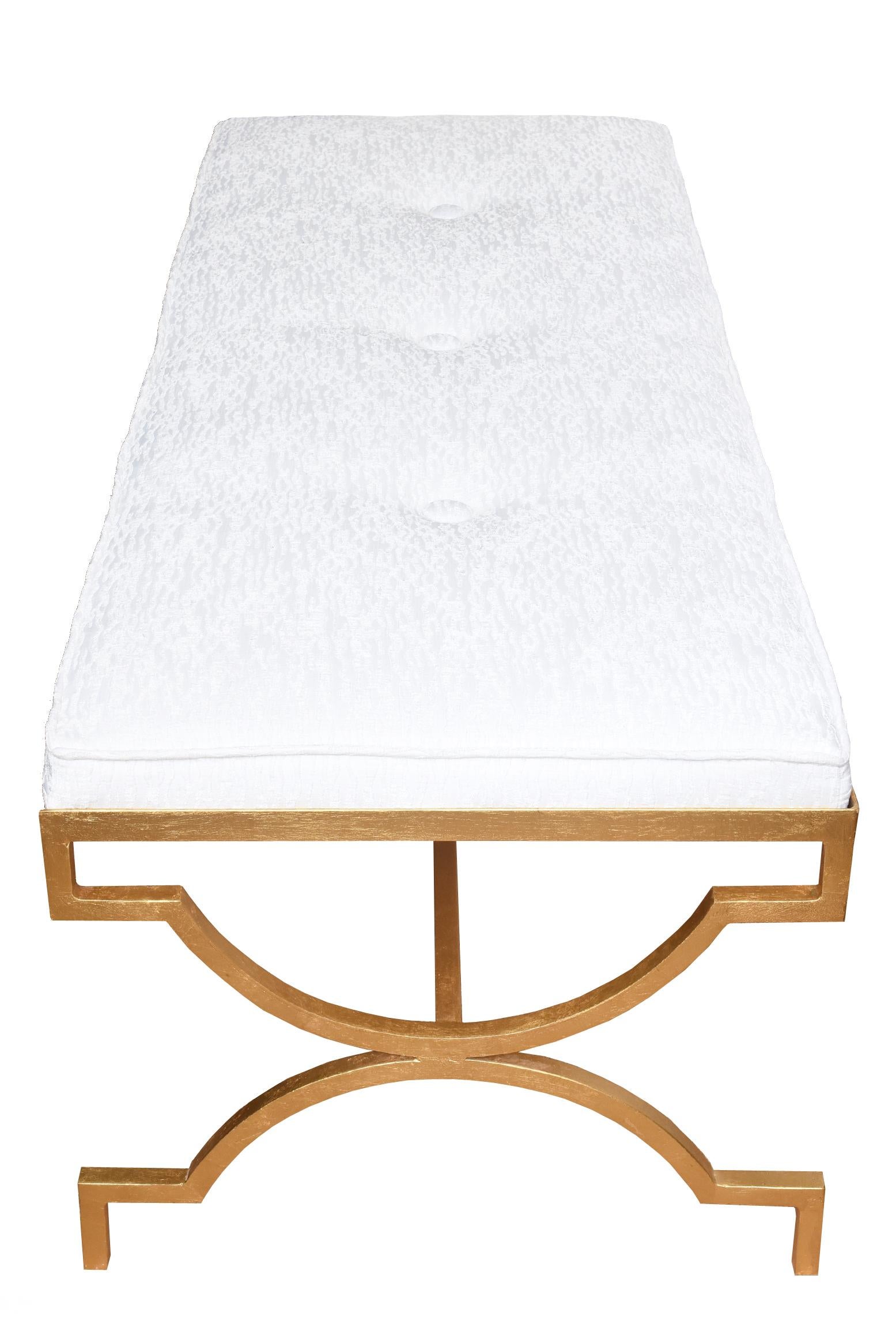 Upholstery Vintage Tommi Parzinger Gold Leaf Over Iron Upholstered White Velvet Bench MCM For Sale