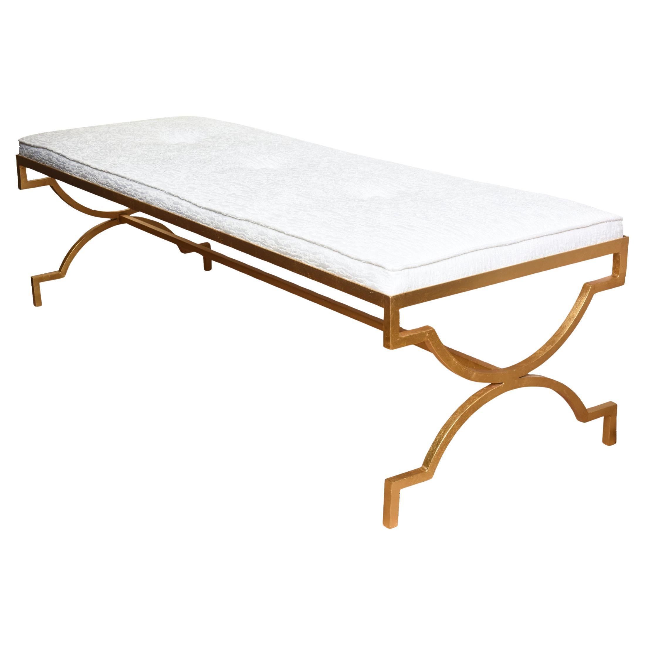 Vintage Tommi Parzinger Gold Leaf Over Iron Upholstered White Velvet Bench MCM For Sale
