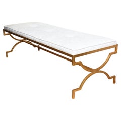 Vintage Tommi Parzinger Gold Leaf Over Iron Upholstered White Velvet Bench MCM
