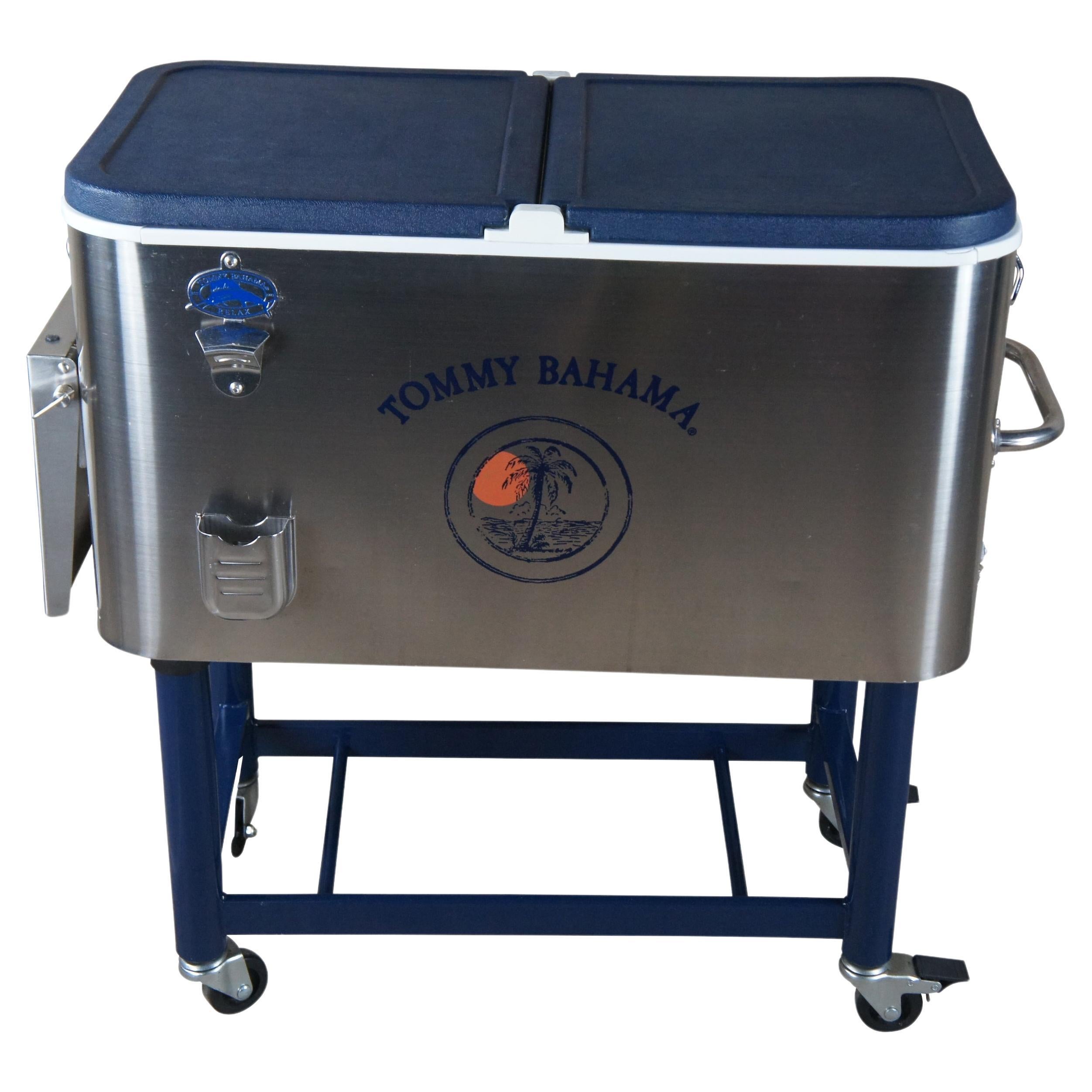 Vintage Tommy Bahama Stainless Steel Rolling 100 Quart Patio Party Cooler 37" For Sale