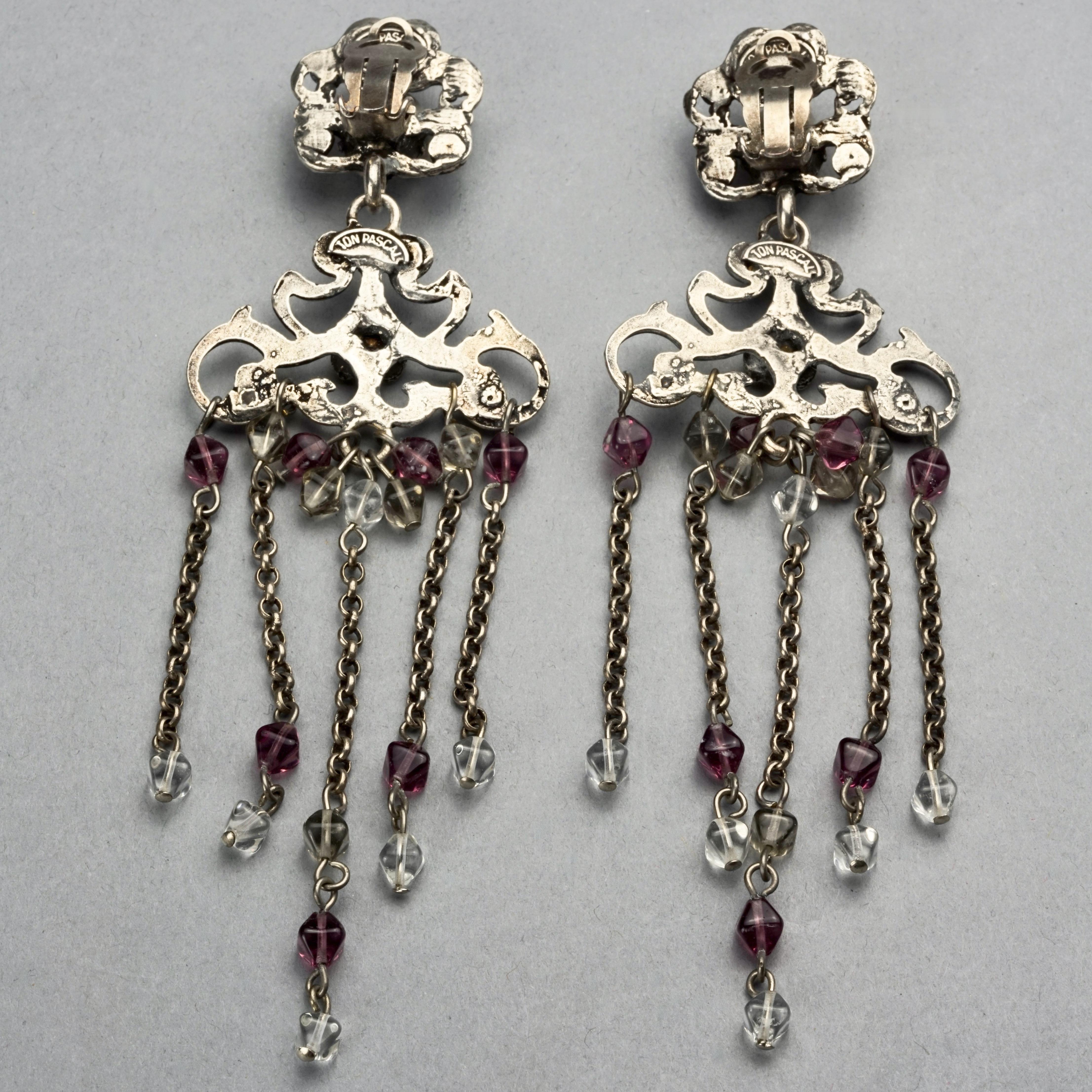 Vintage TON PASCAL Jewelled Baroque Cascading Chain Dangling Earrings For Sale 4