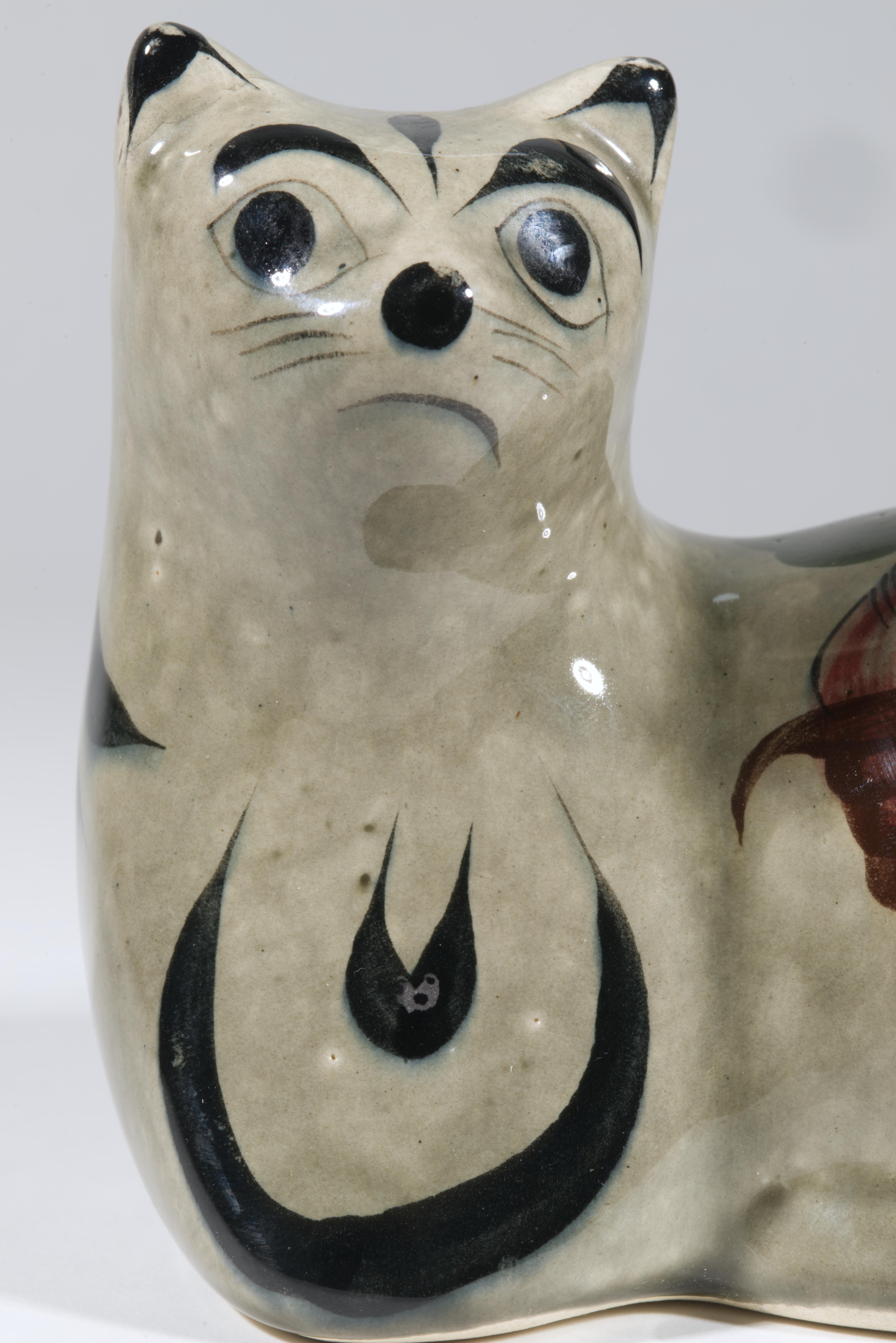 Smaltato Vintage Tonala Mexico Pottery Cat, Hand Painted in vendita