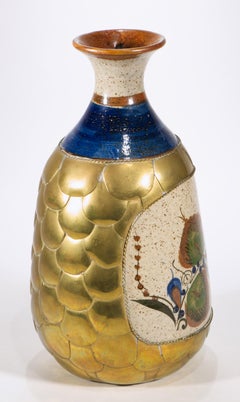 Vintage Tonala Mexico Pottery Vase Brass & Hand-Painted Flowers Decor