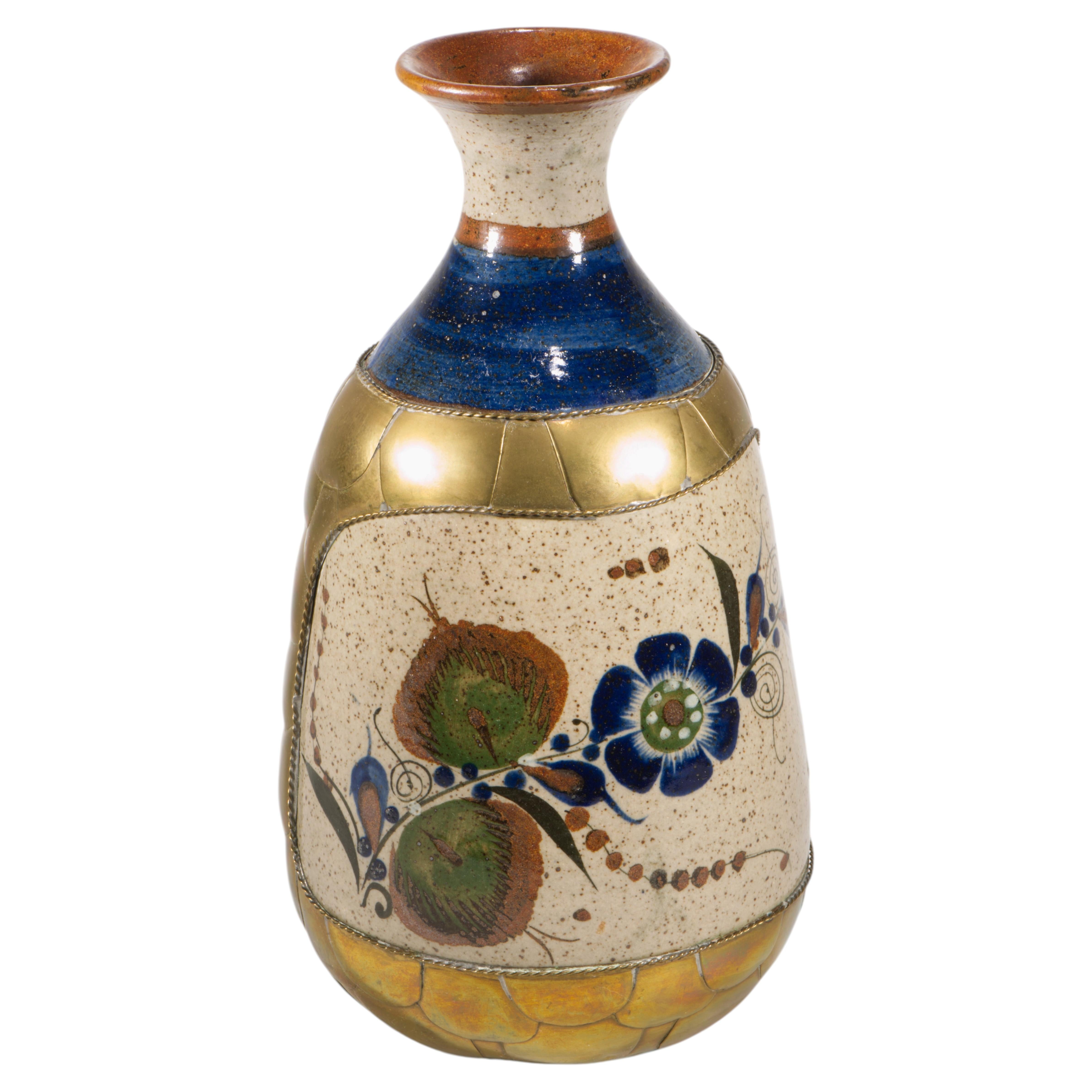 Vintage Tonala Mexico Pottery Vase Brass & Hand-Painted Flowers Decor