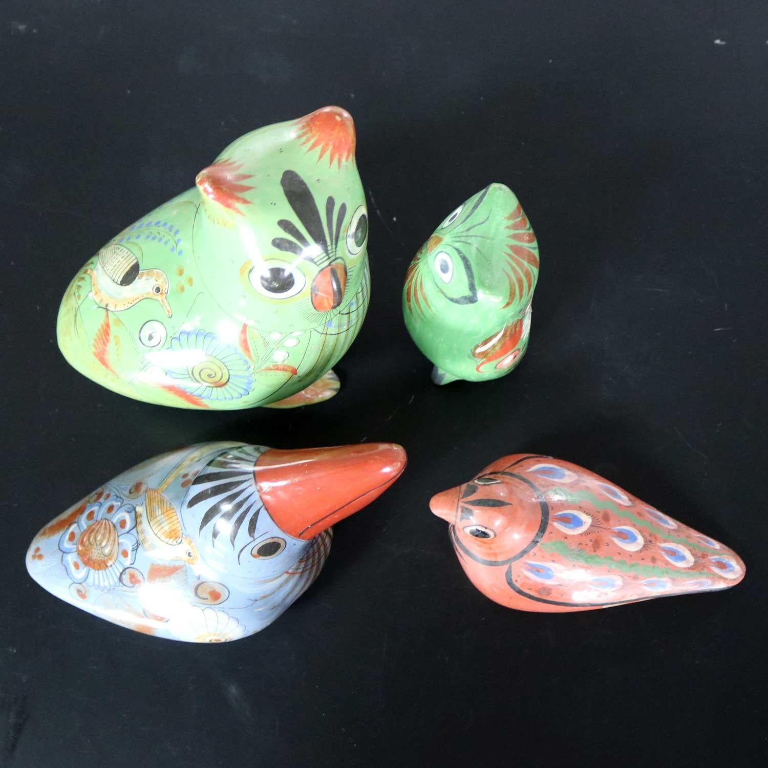 Tonala Pottery Birds Owls Toucan Dove Hand Painted Made in Mexico Set of 4 In Good Condition In Topeka, KS
