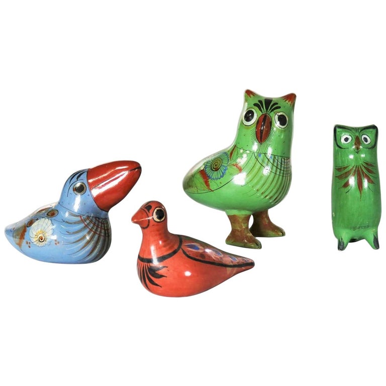 Tonala Pottery Birds Owls Toucan Dove Hand Painted Made In Mexico Set Of 4