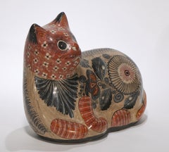 Vintage Tonala Pottery Large Cat Sculpture, Hand-Painted