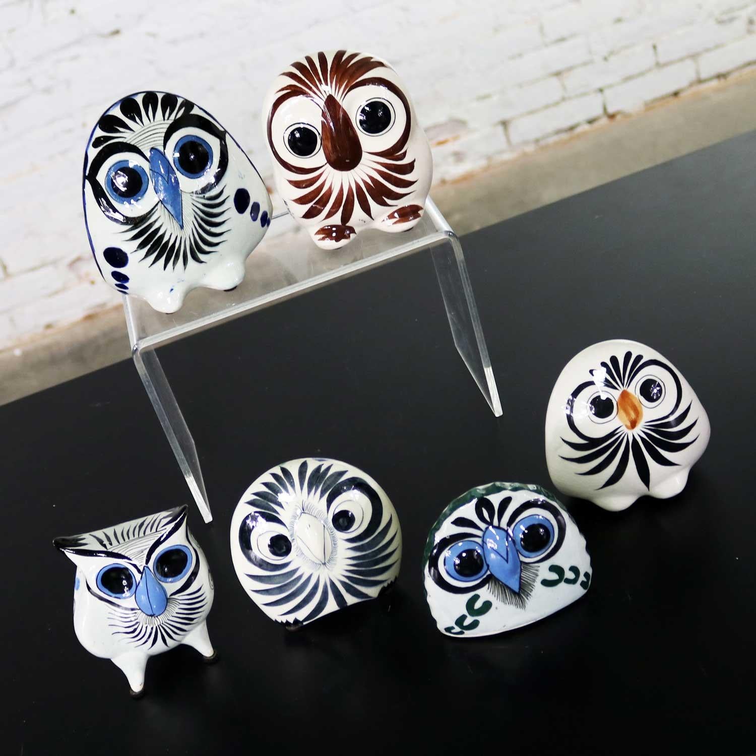 Folk Art Vintage Tonala Pottery Owls Hand Painted and Made in Mexico Collection of Six