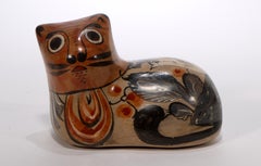 Vintage Tonala Pottery Small Cat Sculpture, Hand-Painted Bird Decor