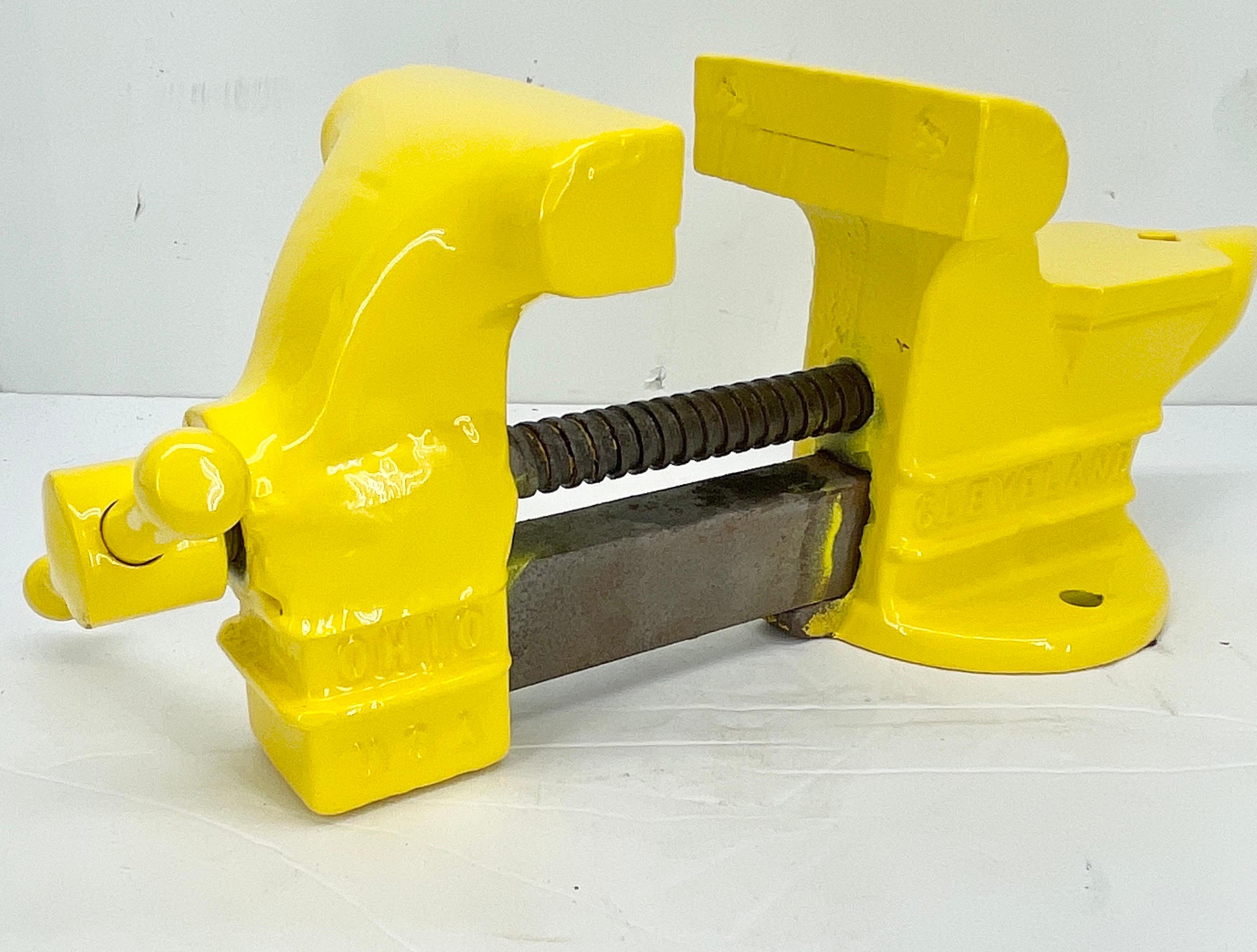 Vintage Tool Vice, Powder Coated Bright Yellow Desk Accessory For Sale 5
