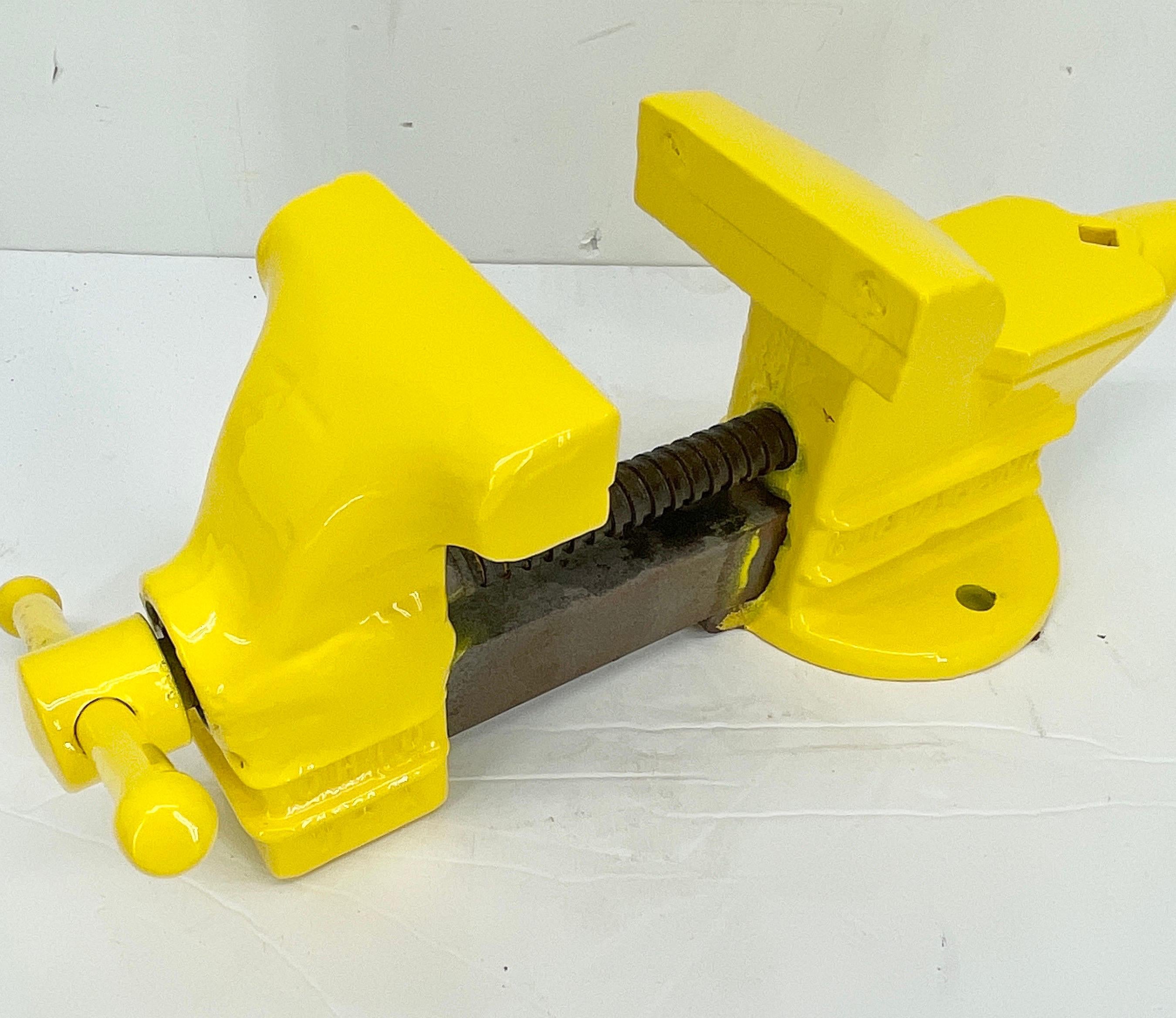 Vintage Tool Vice, Powder Coated Bright Yellow Desk Accessory For Sale 7