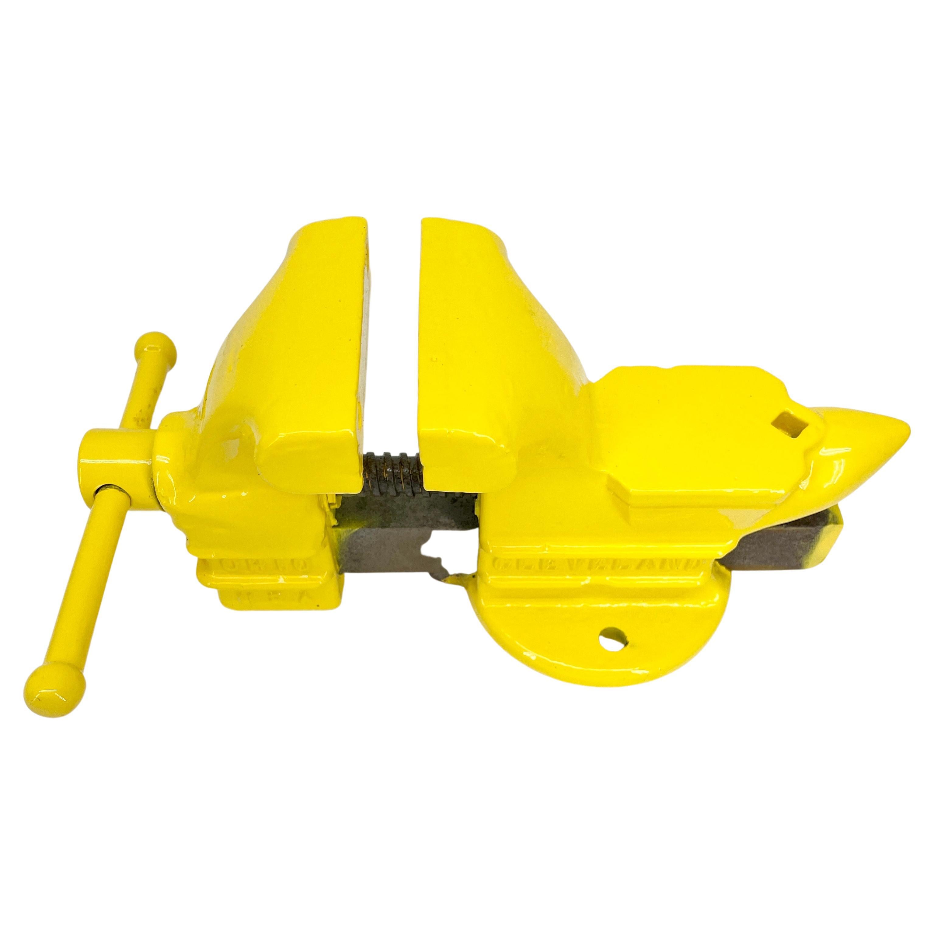 American Vintage Tool Vice, Powder Coated Bright Yellow Desk Accessory For Sale