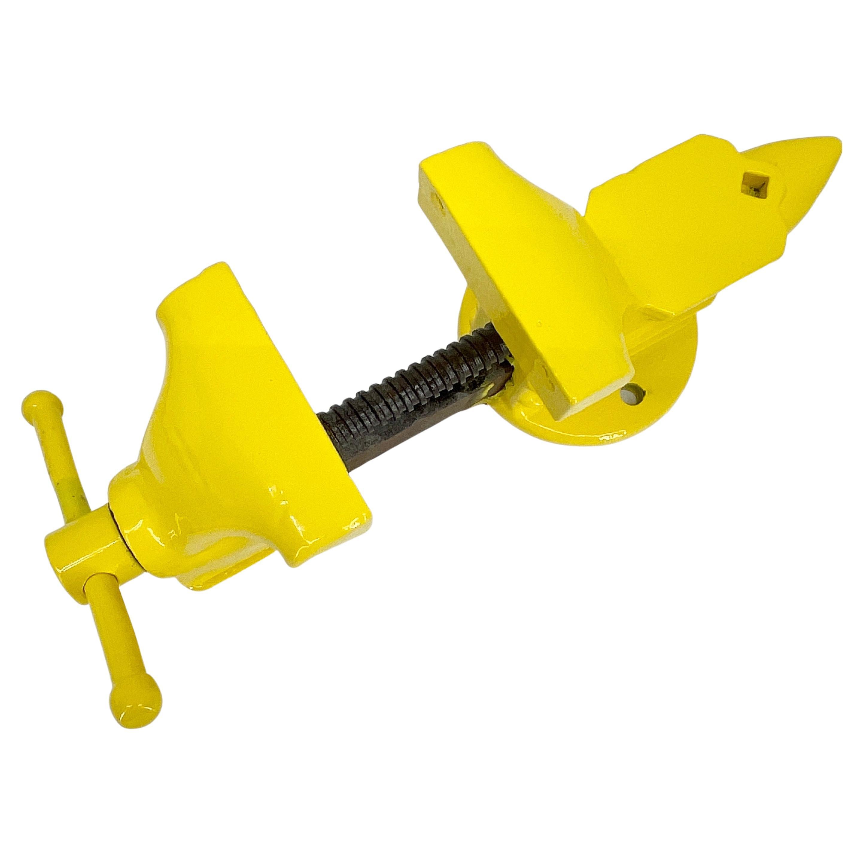 Hand-Crafted Vintage Tool Vice, Powder Coated Bright Yellow Desk Accessory For Sale
