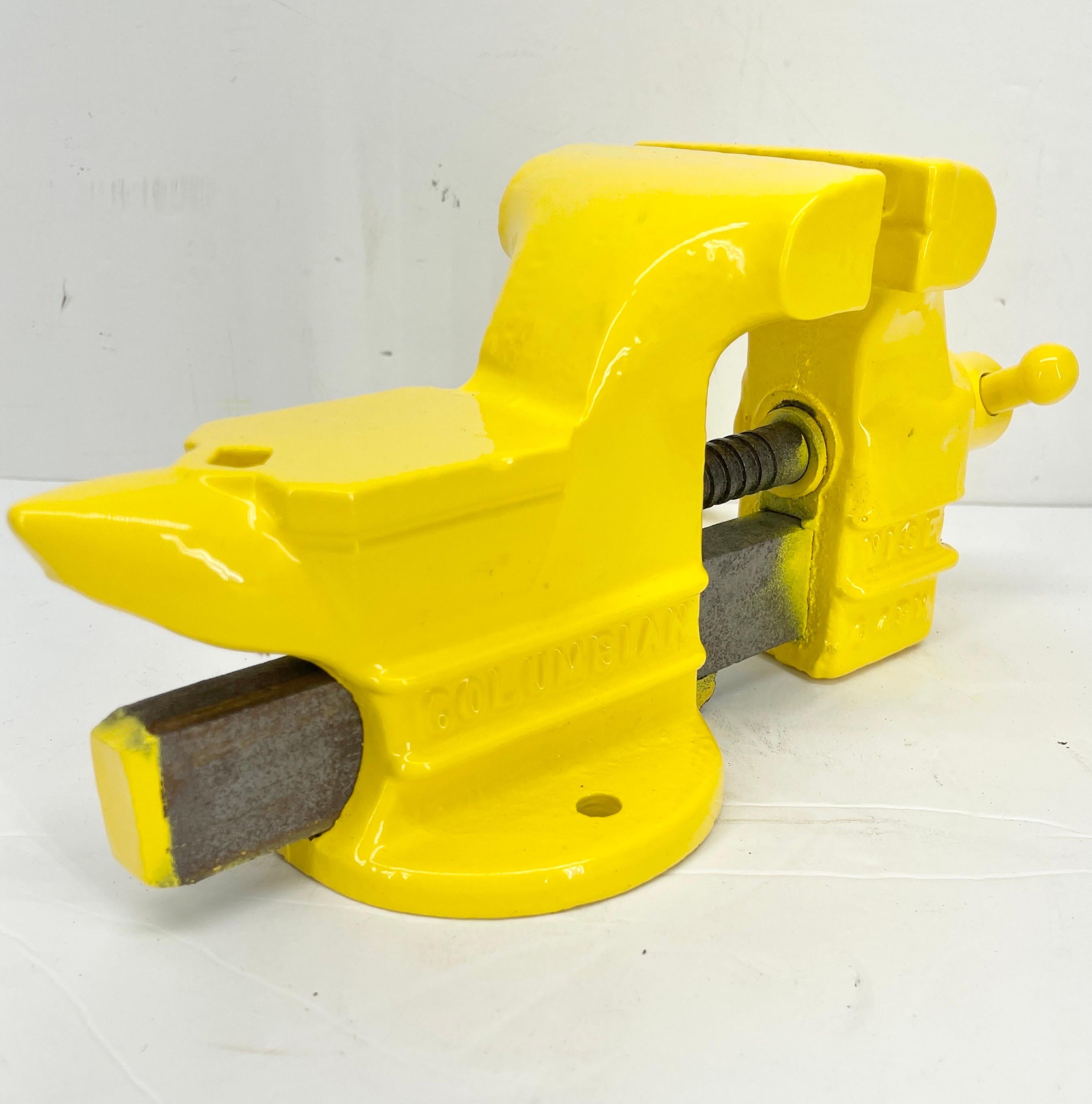 Steel Vintage Tool Vice, Powder Coated Bright Yellow Desk Accessory For Sale