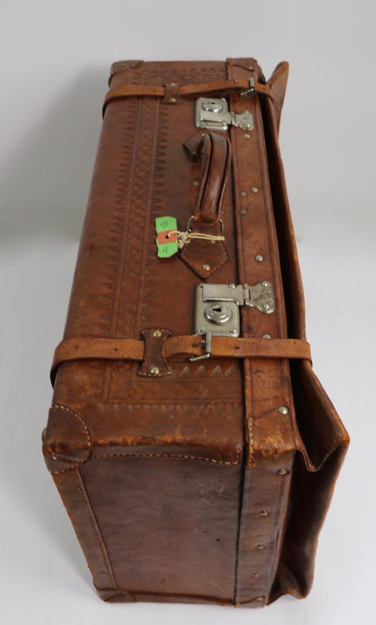 Vintage Tooled Leather Suitcase Made in Mexico 3