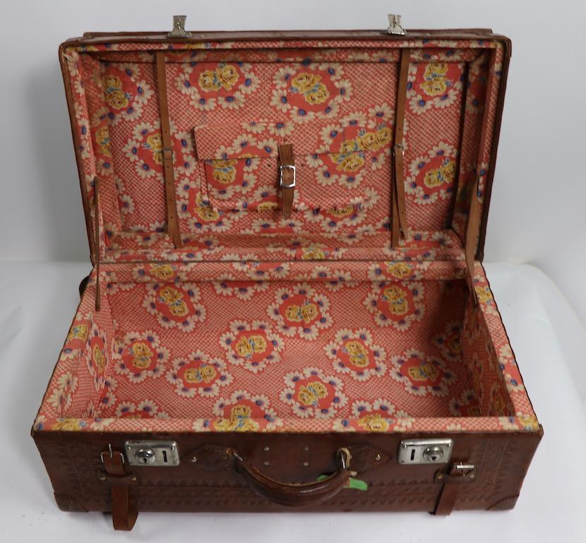 Vintage Tooled Leather Suitcase Made in Mexico 6