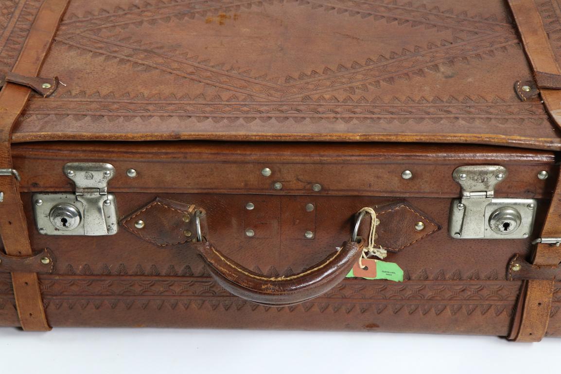 Mexican Vintage Tooled Leather Suitcase Made in Mexico