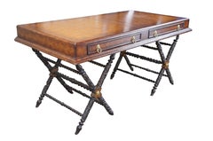 Vintage Tooled Leather Traditional Carved Campaign Style Office Writing Desk 62"