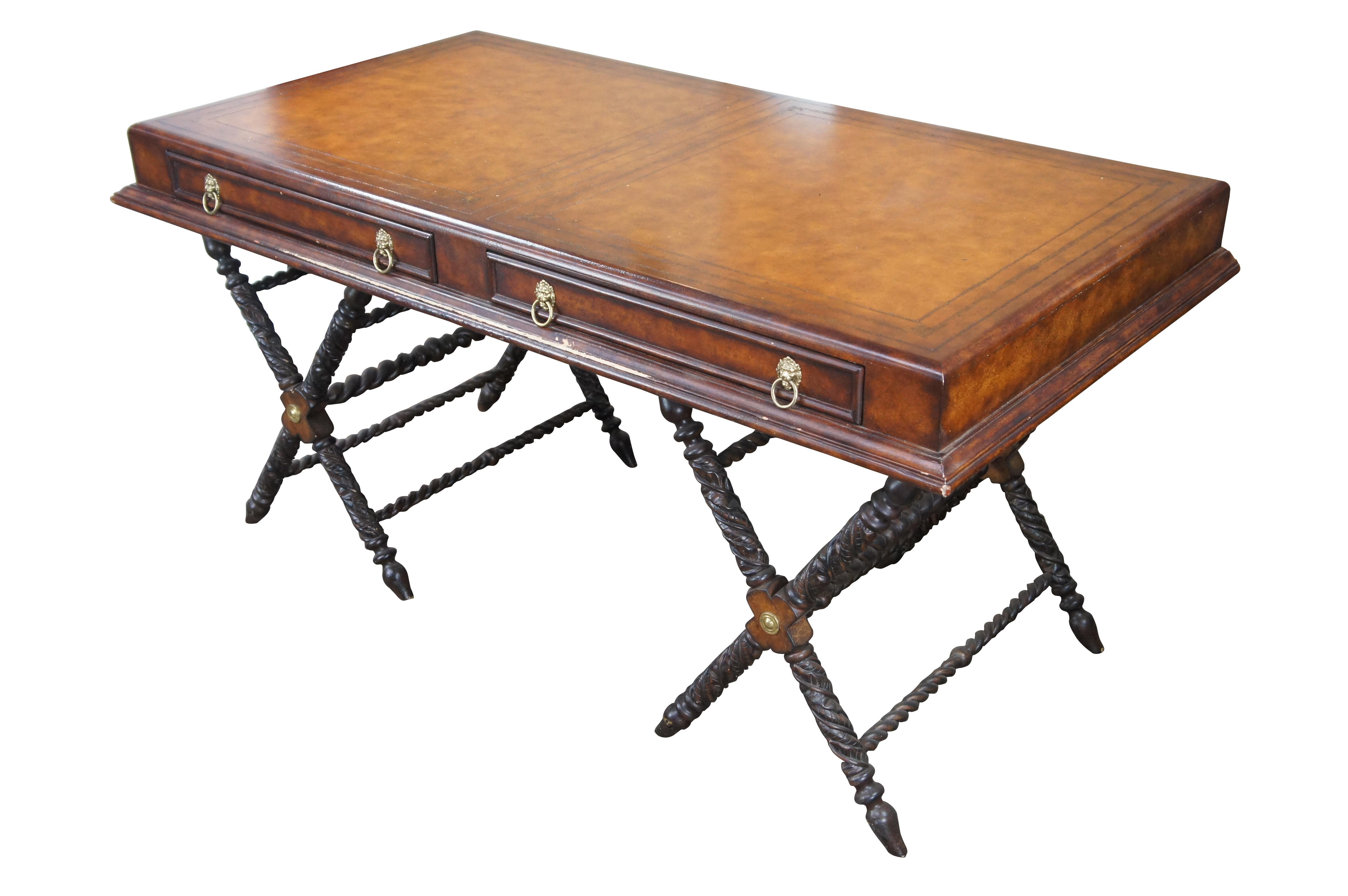 British Colonial Vintage Tooled Leather Traditional Carved Campaign Style Office Writing Desk 62