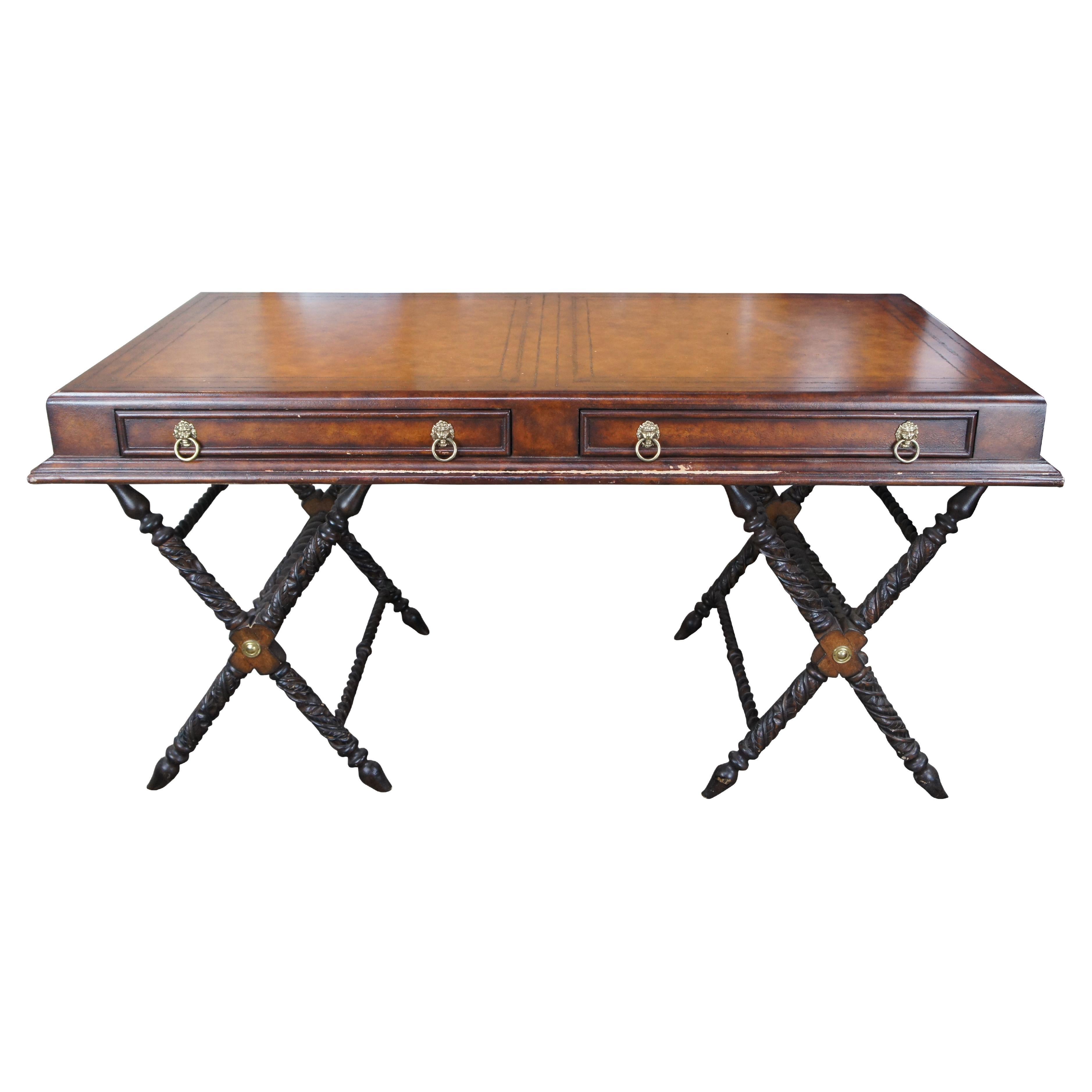 Vintage Tooled Leather Traditional Carved Campaign Style Office Writing Desk 62" For Sale