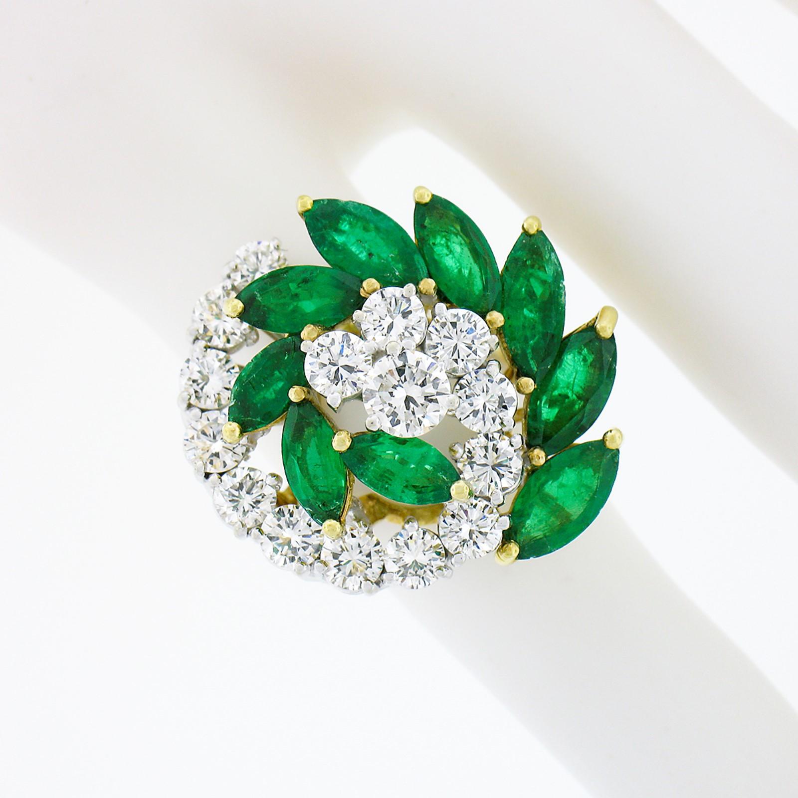 Marquise Cut Vintage Top Quality 18k Gold 5.20ctw Round Diamond & Marquise Emerald Swirl Ring