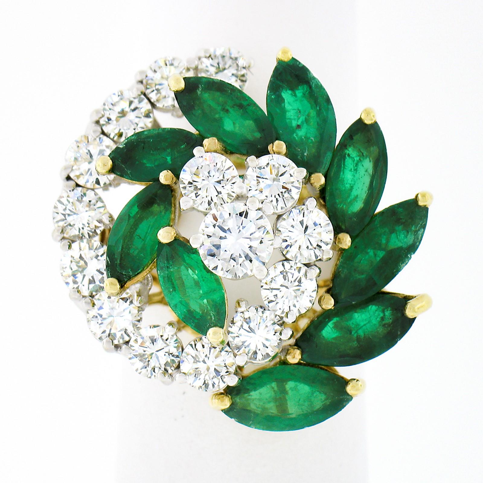 Vintage Top Quality 18k Gold 5.20ctw Round Diamond & Marquise Emerald Swirl Ring In Excellent Condition In Montclair, NJ