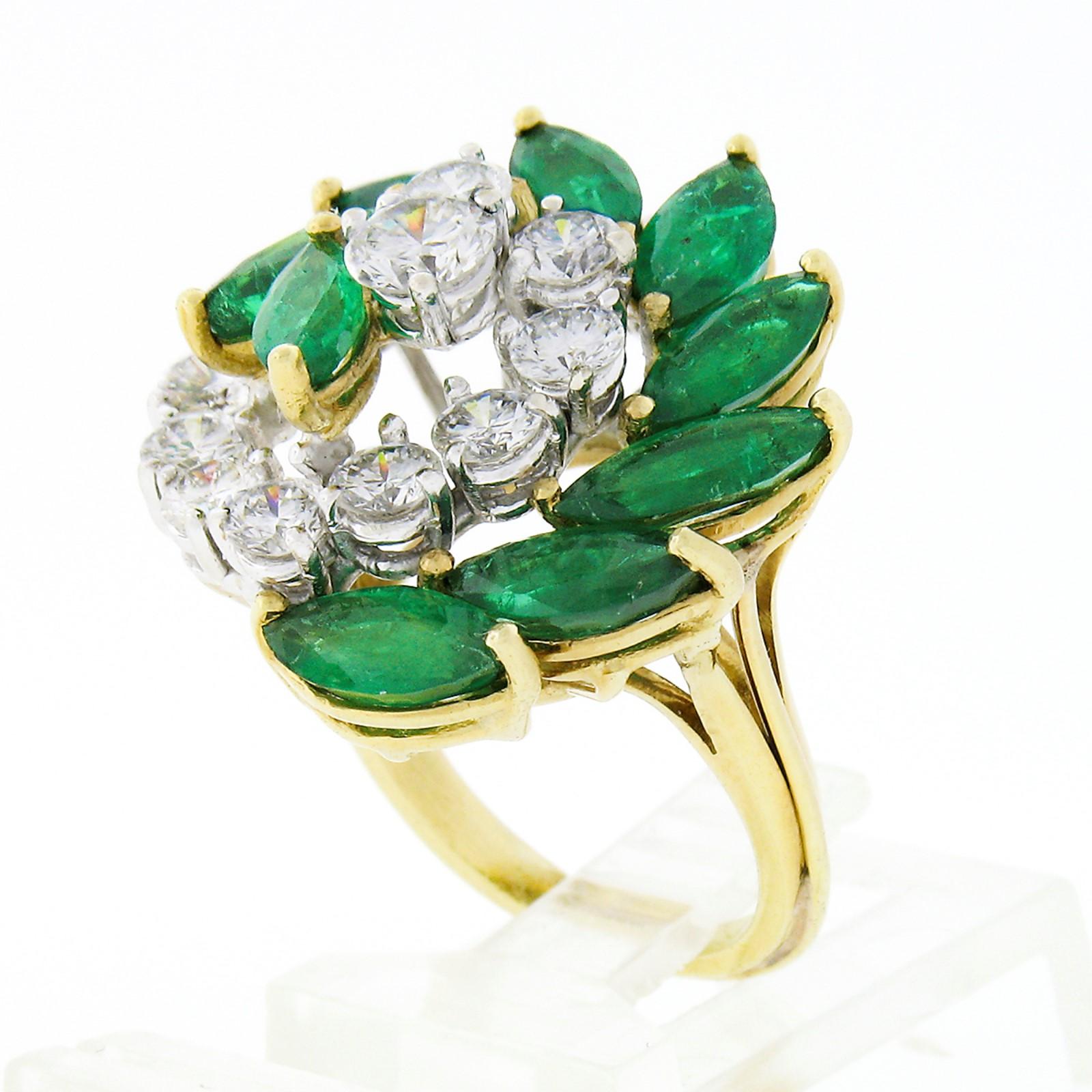 Women's Vintage Top Quality 18k Gold 5.20ctw Round Diamond & Marquise Emerald Swirl Ring